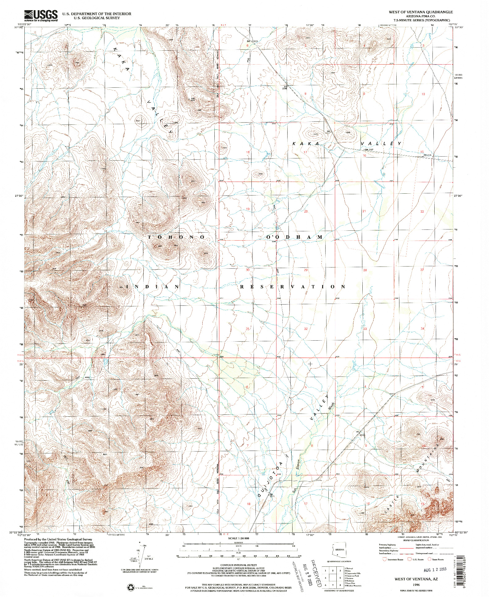 USGS 1:24000-SCALE QUADRANGLE FOR WEST OF VENTANA, AZ 1996