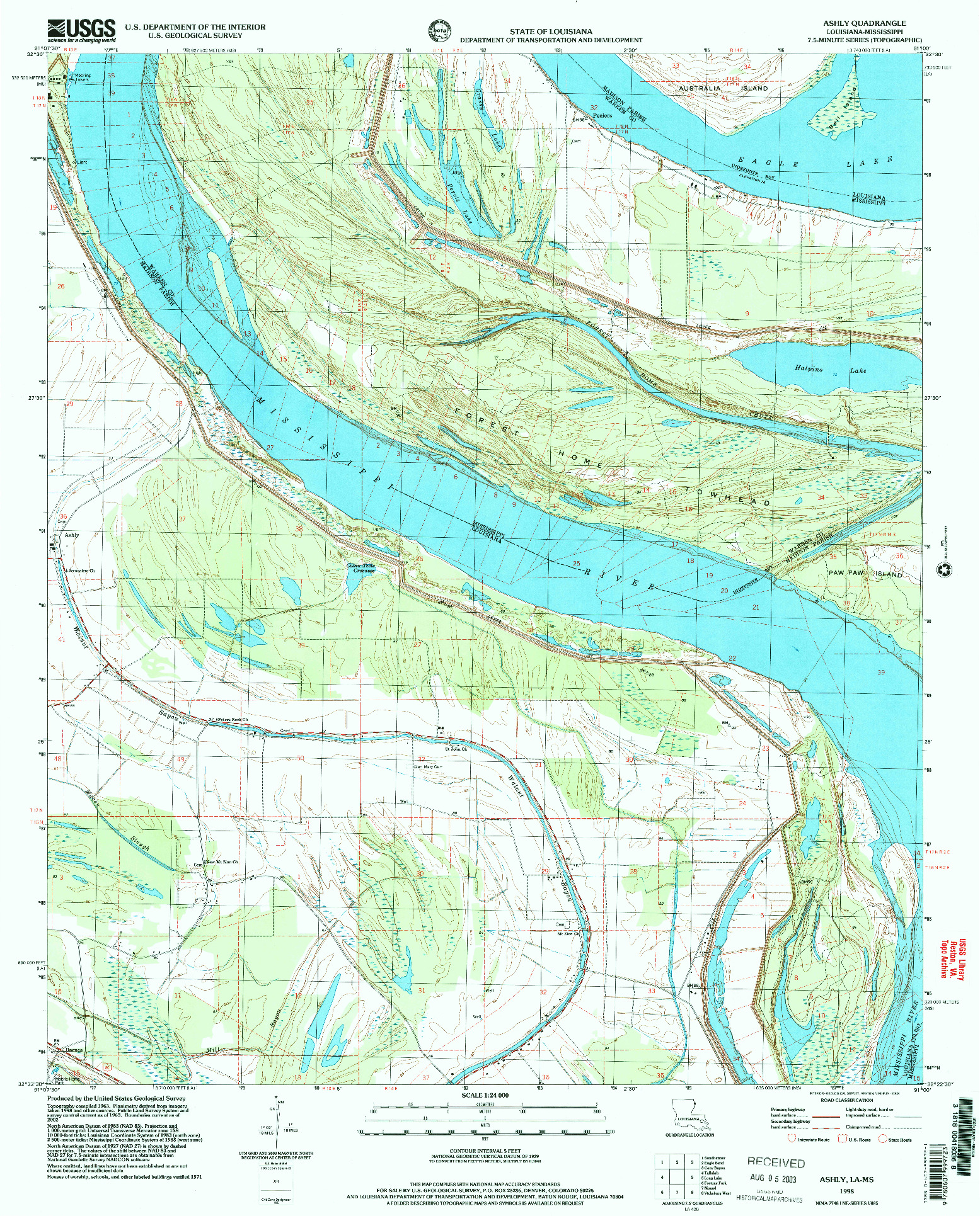 USGS 1:24000-SCALE QUADRANGLE FOR ASHLY, LA 1998