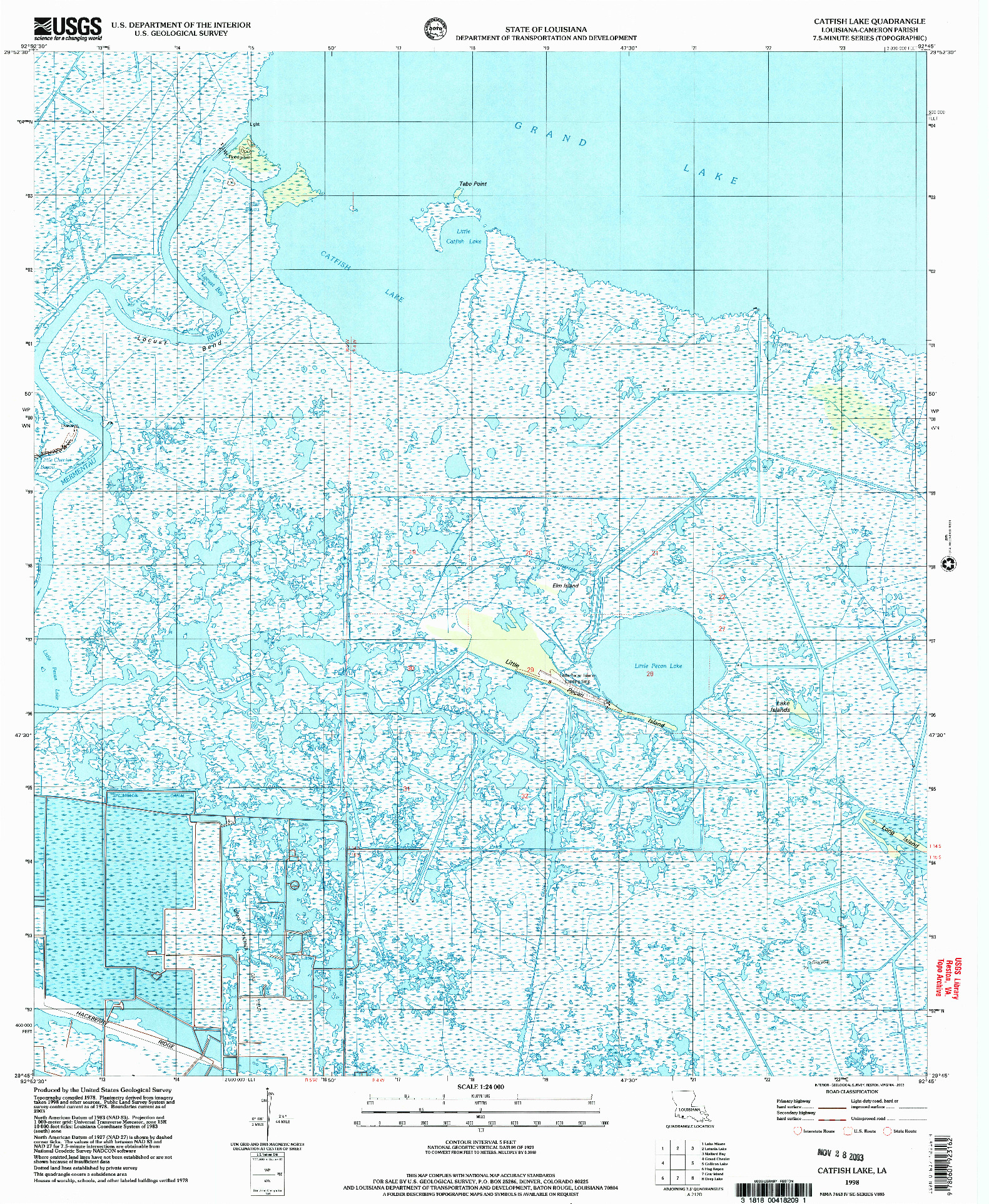 USGS 1:24000-SCALE QUADRANGLE FOR CATFISH LAKE, LA 1998
