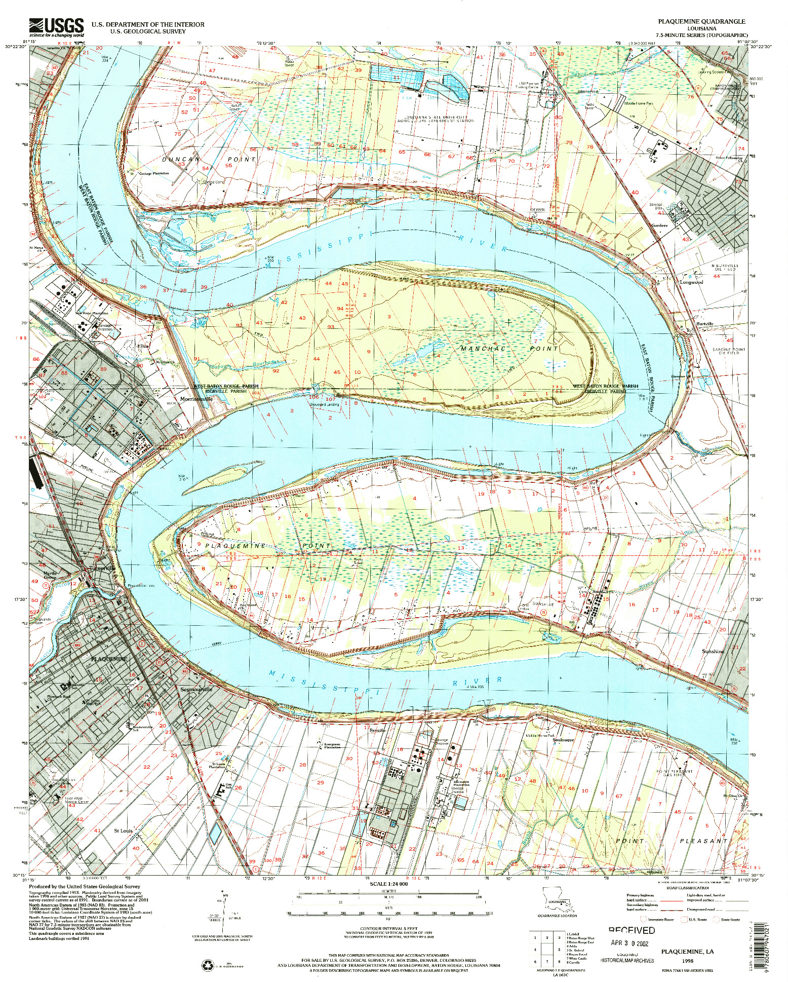 USGS 1:24000-SCALE QUADRANGLE FOR PLAQUEMINE, LA 1998