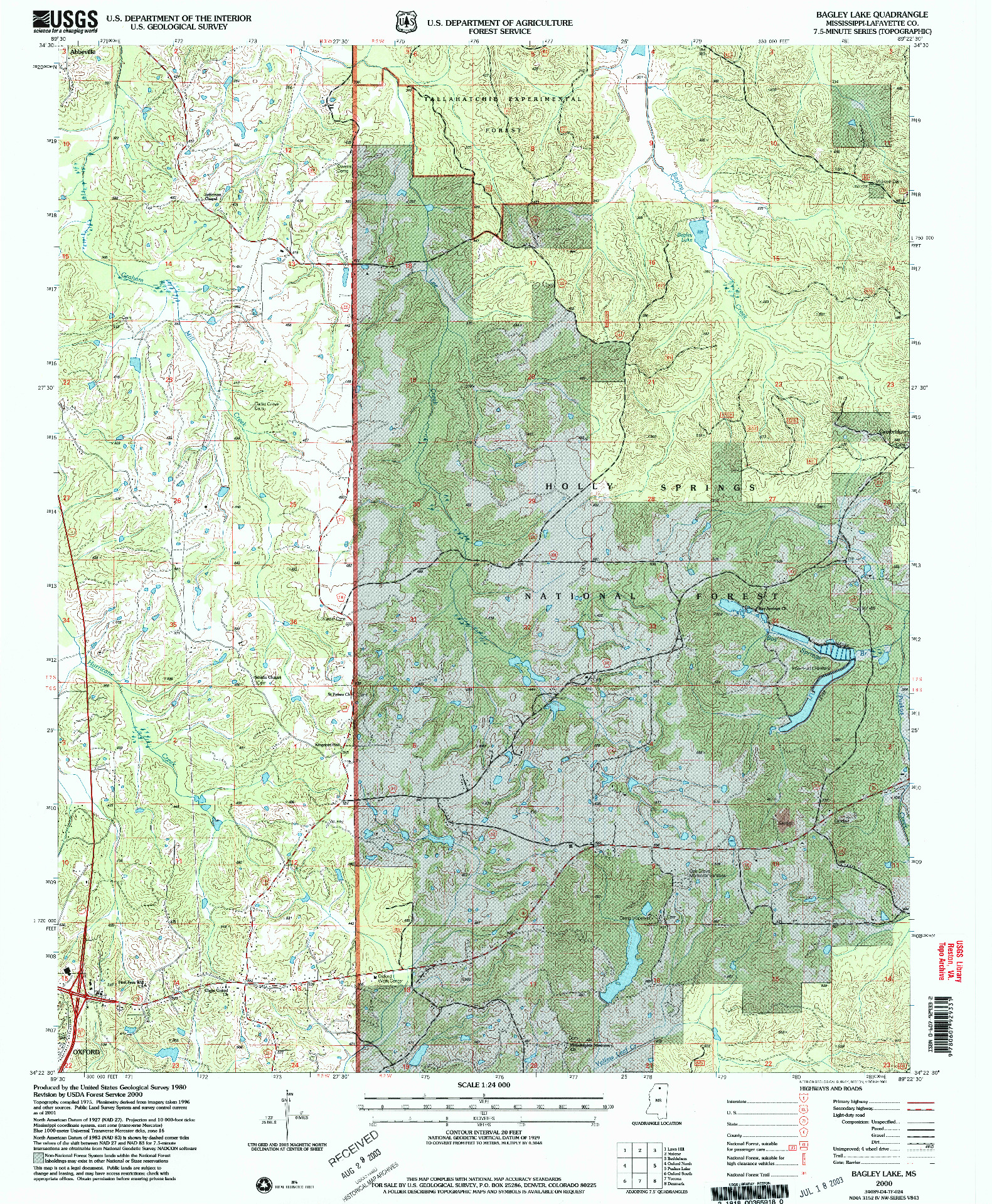 USGS 1:24000-SCALE QUADRANGLE FOR BAGLEY LAKE, MS 2000