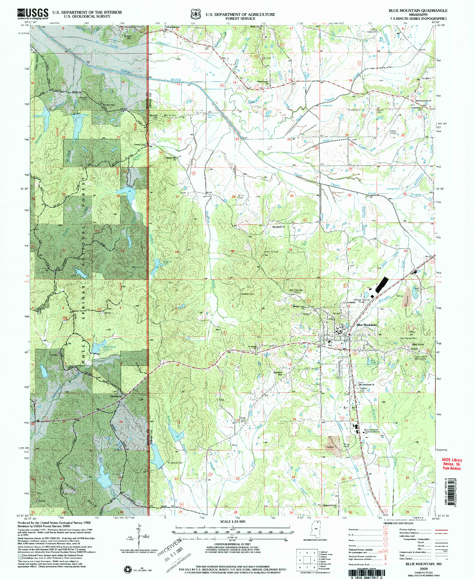 USGS 1:24000-SCALE QUADRANGLE FOR BLUE MOUNTAIN, MS 2000