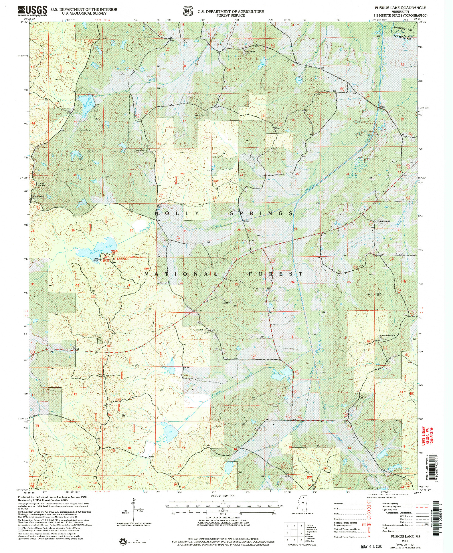 USGS 1:24000-SCALE QUADRANGLE FOR PUSKUS LAKE, MS 2000