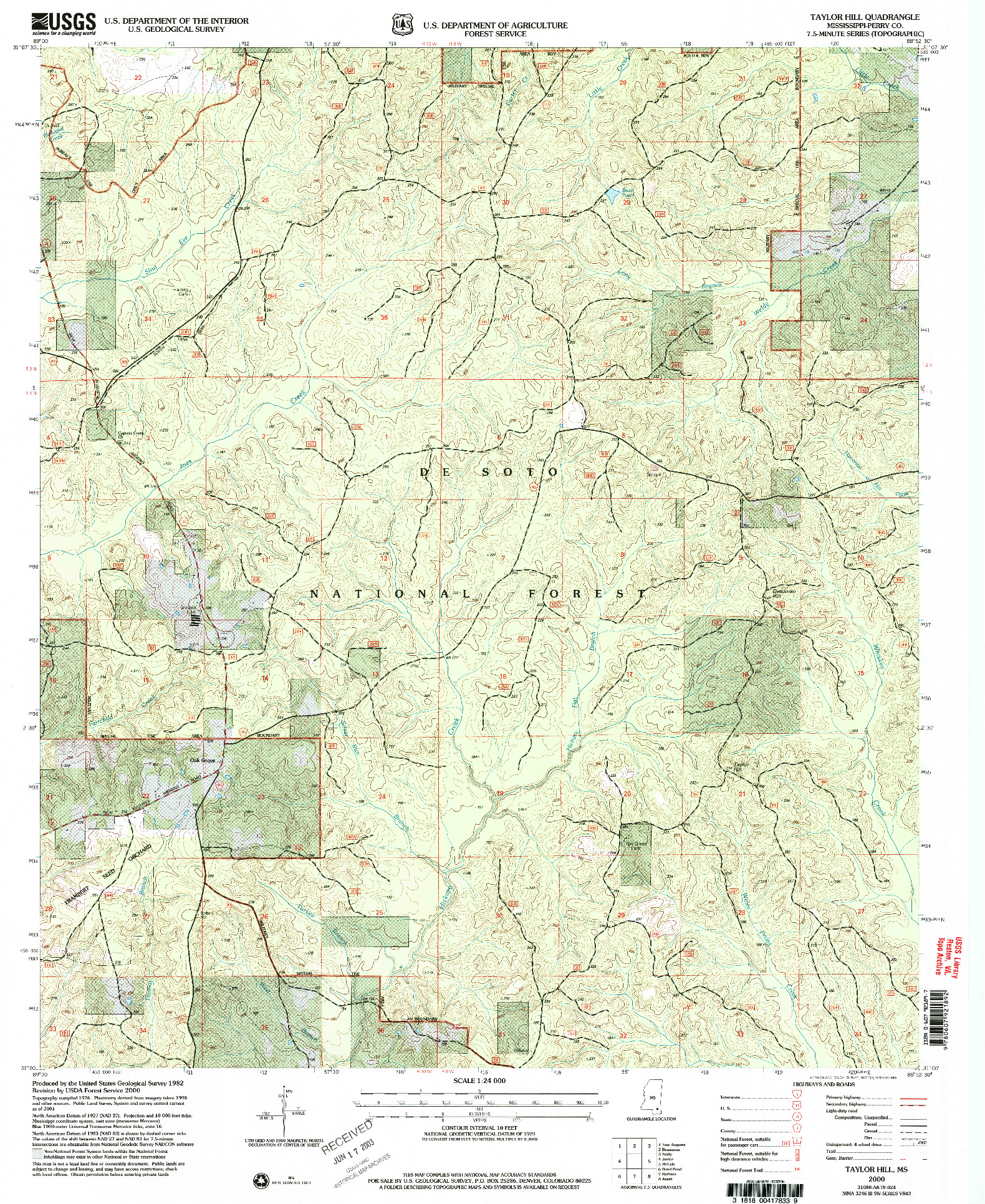 USGS 1:24000-SCALE QUADRANGLE FOR TAYLOR HILL, MS 2000