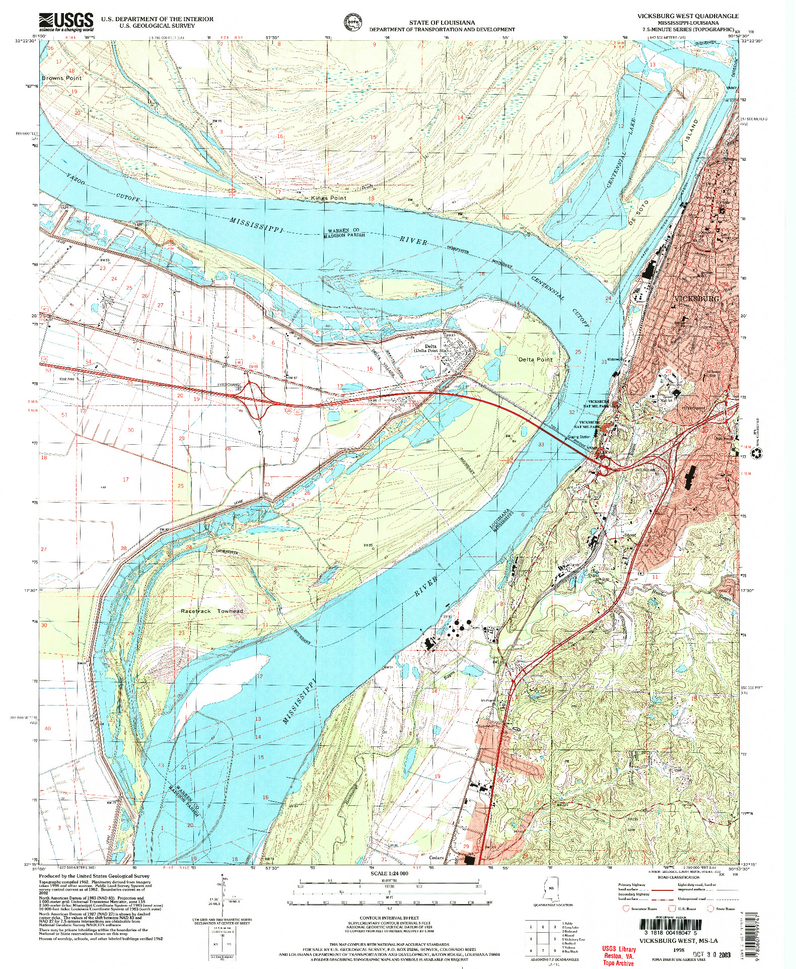 USGS 1:24000-SCALE QUADRANGLE FOR VICKSBURG WEST, MS 1998