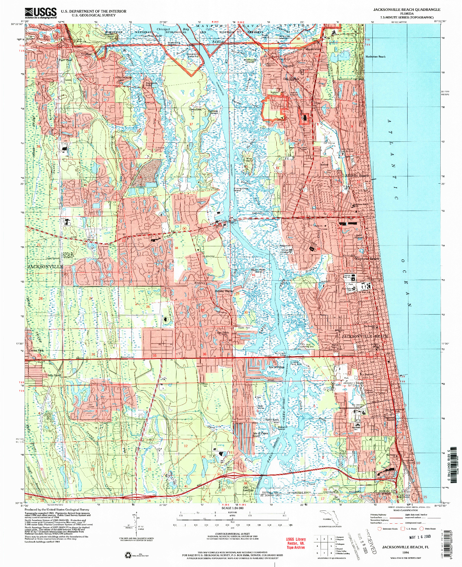 USGS 1:24000-SCALE QUADRANGLE FOR JACKSONVILLE BEACH, FL 1994