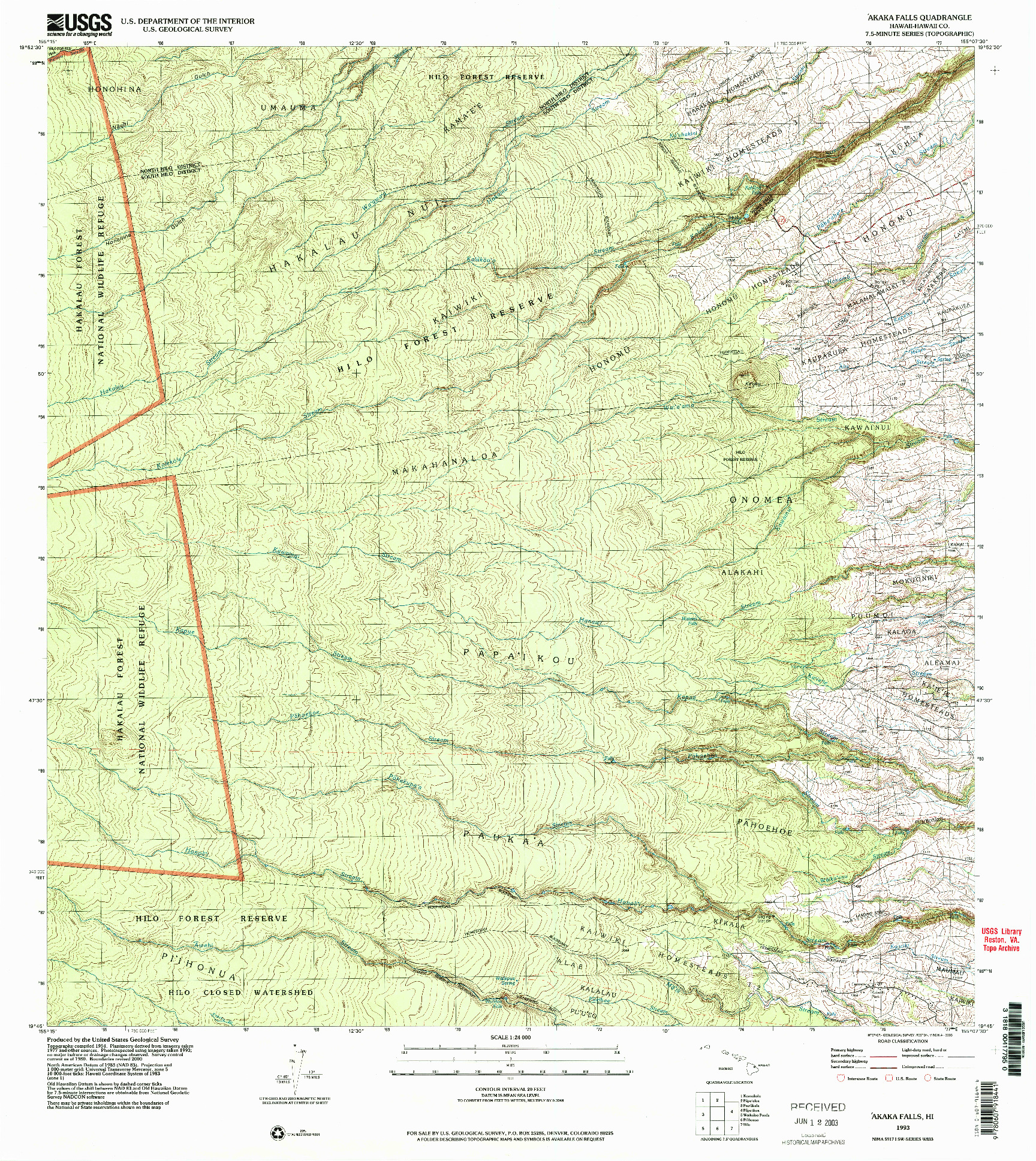 USGS 1:24000-SCALE QUADRANGLE FOR AKAKA FALLS, HI 1993