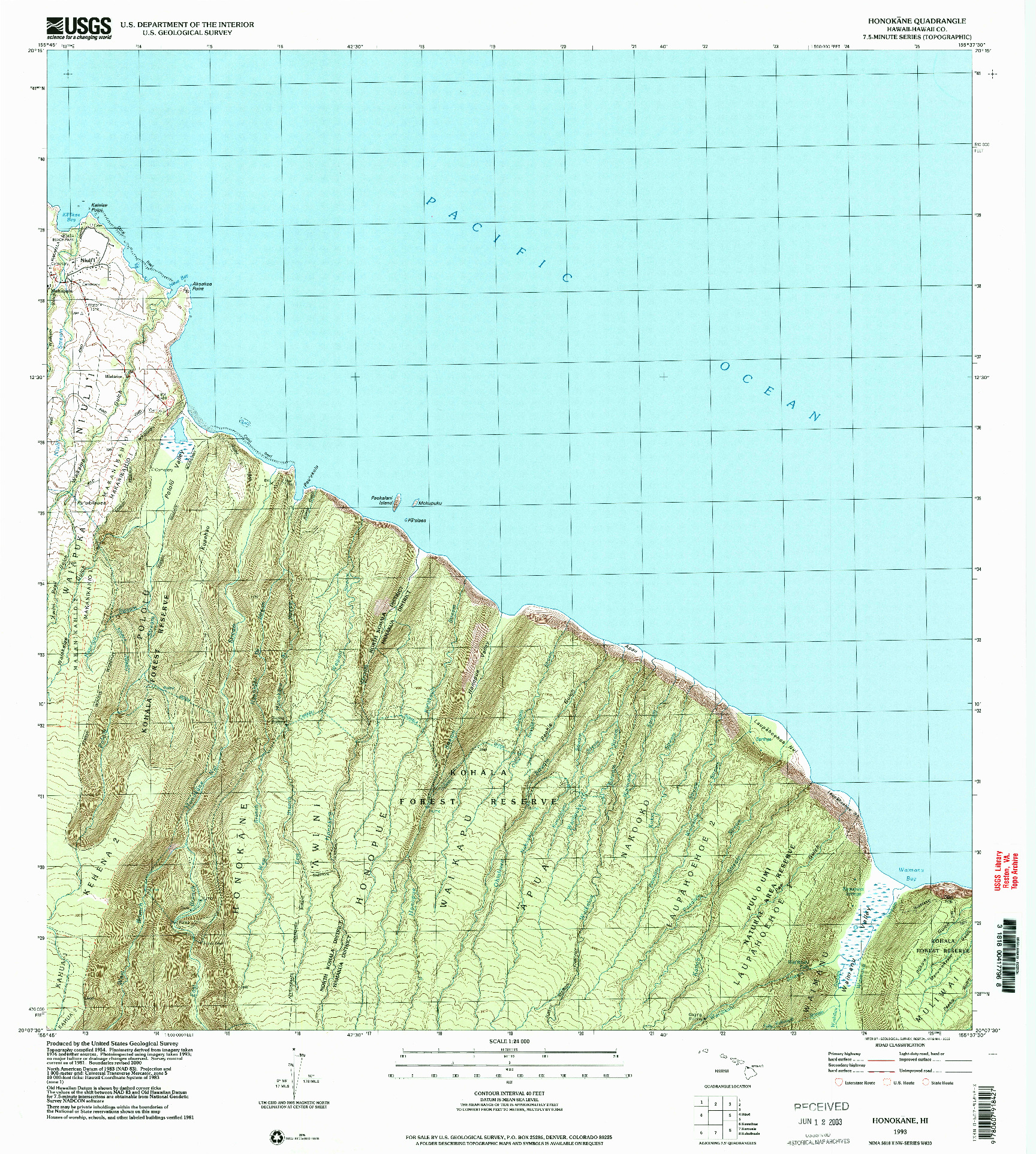 USGS 1:24000-SCALE QUADRANGLE FOR HONOKANE, HI 1993