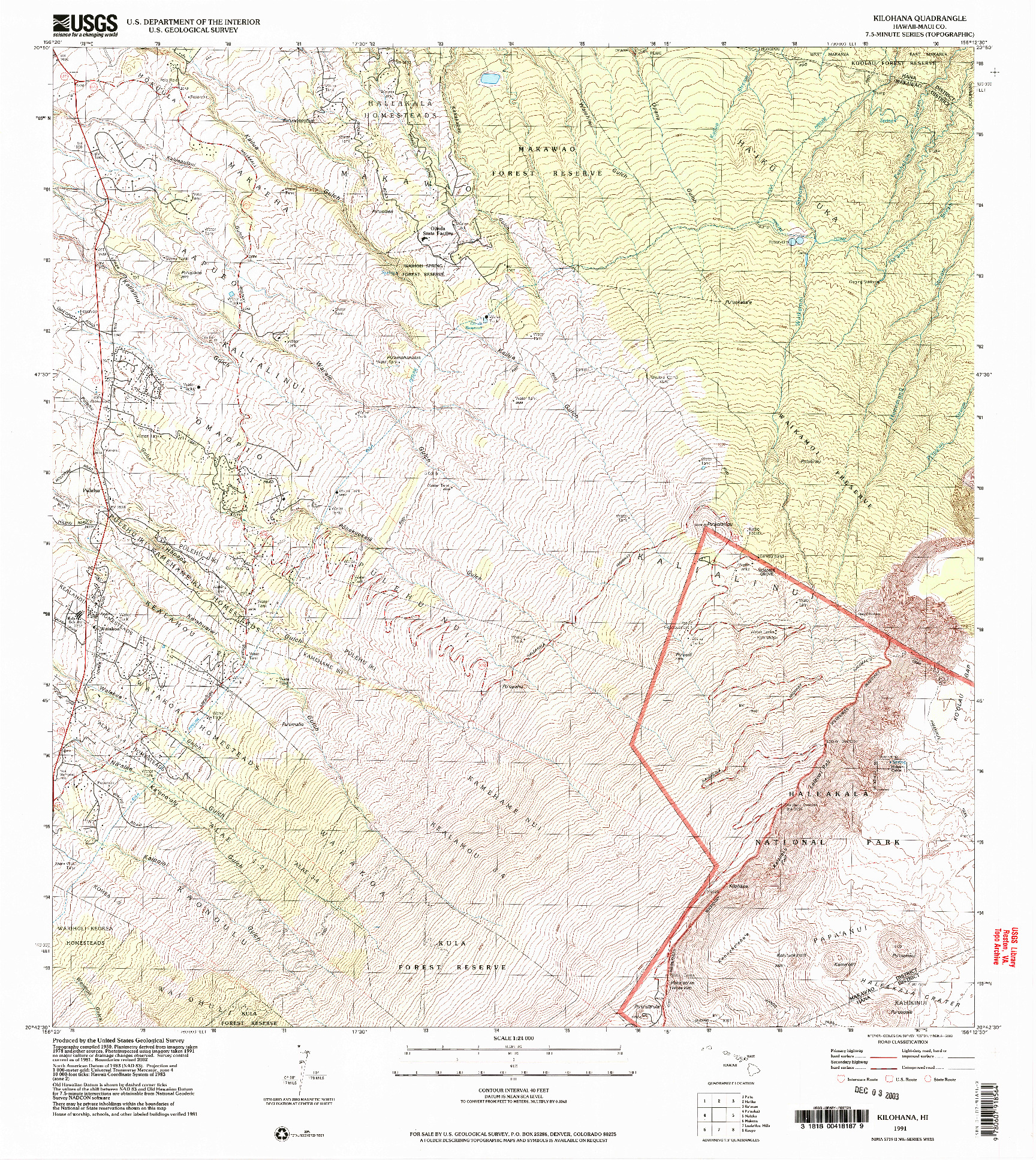 USGS 1:24000-SCALE QUADRANGLE FOR KILOHANA, HI 1991