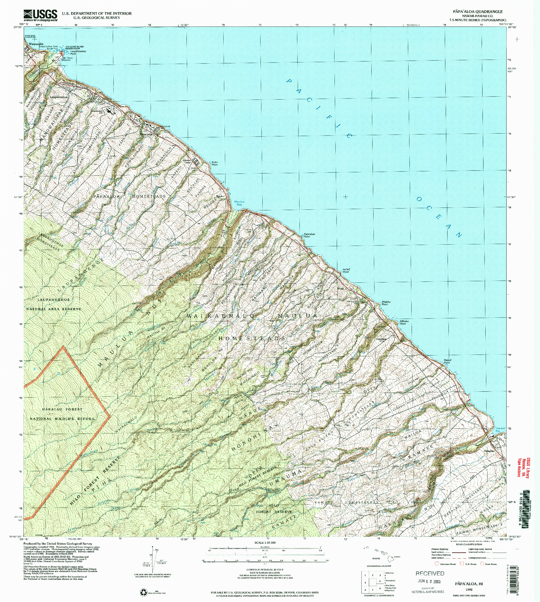 USGS 1:24000-SCALE QUADRANGLE FOR PAPAALOA, HI 1992