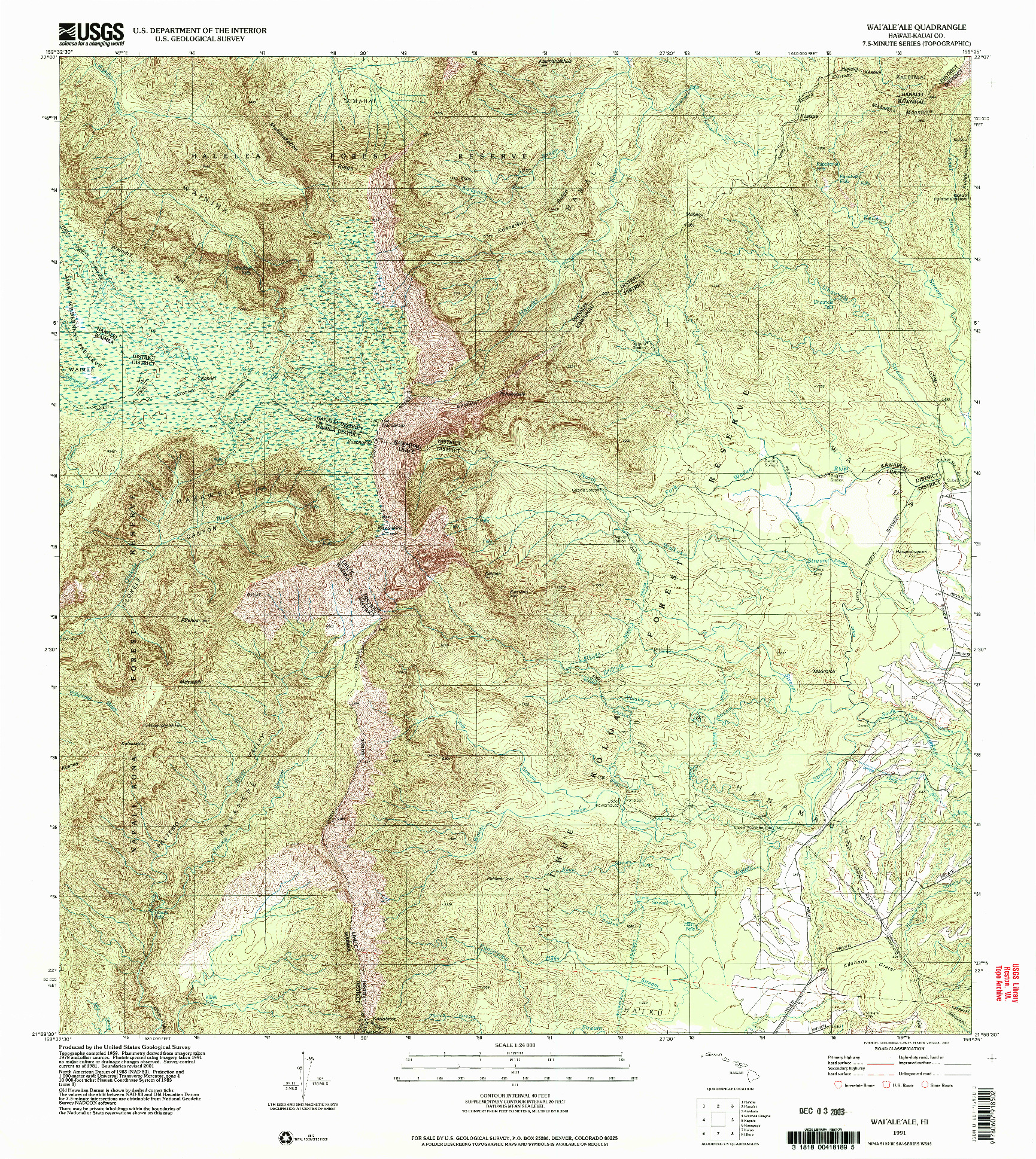 USGS 1:24000-SCALE QUADRANGLE FOR WAIALEALE, HI 1991
