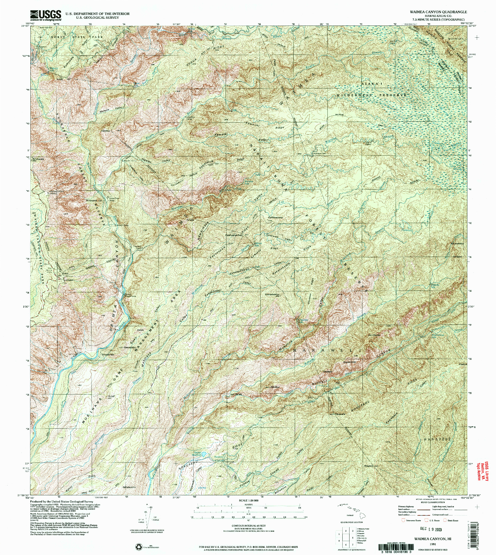 USGS 1:24000-SCALE QUADRANGLE FOR WAIMEA CANYON, HI 1991