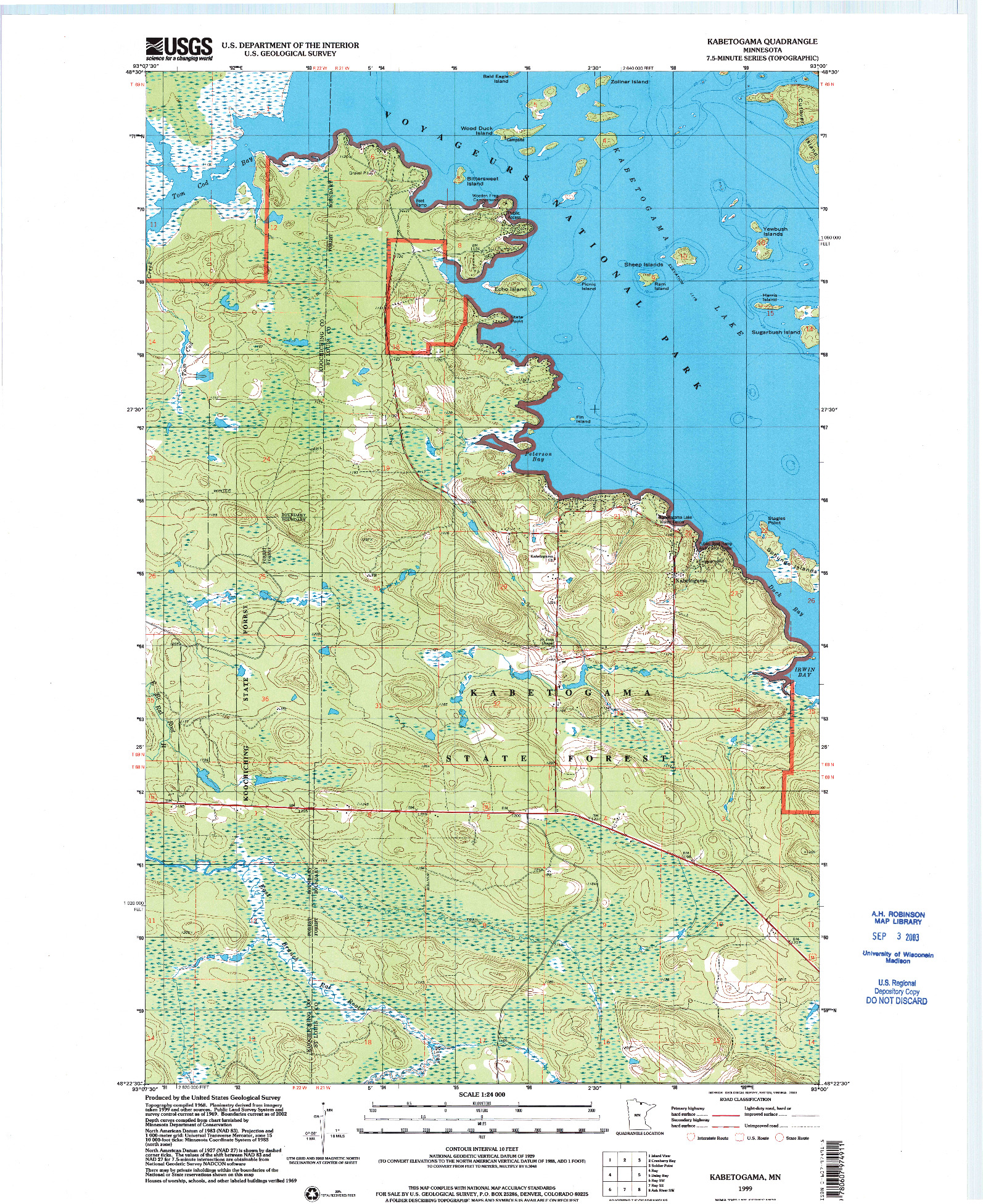 USGS 1:24000-SCALE QUADRANGLE FOR KABETOGAMA, MN 1999