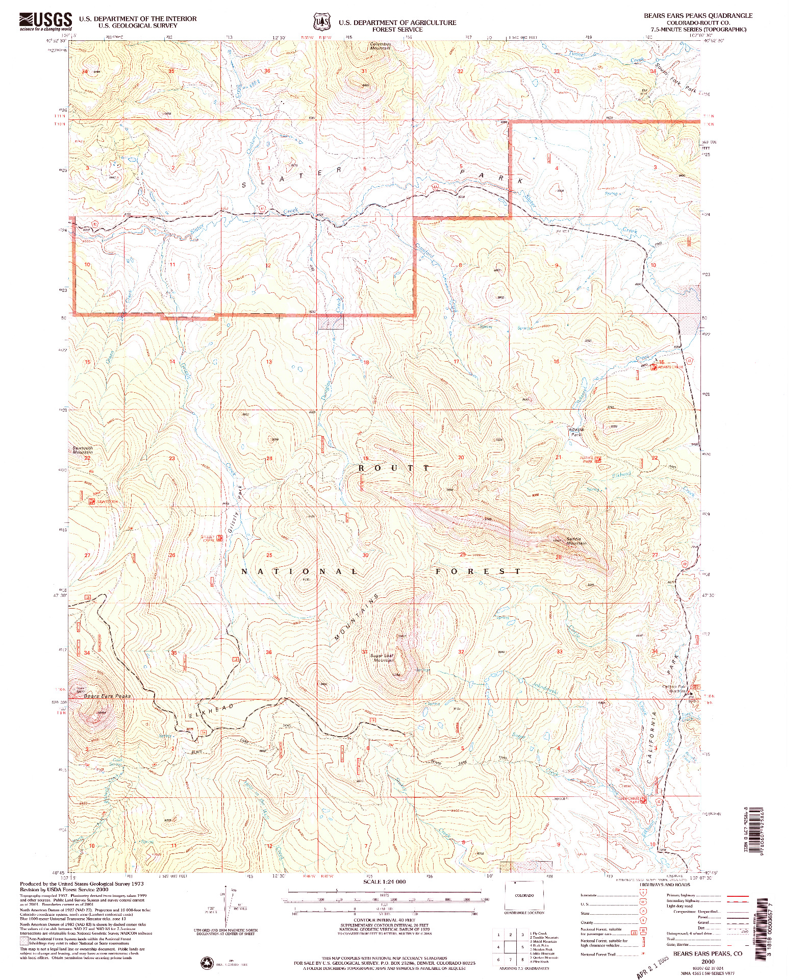 USGS 1:24000-SCALE QUADRANGLE FOR BEARS EARS PEAKS, CO 2000