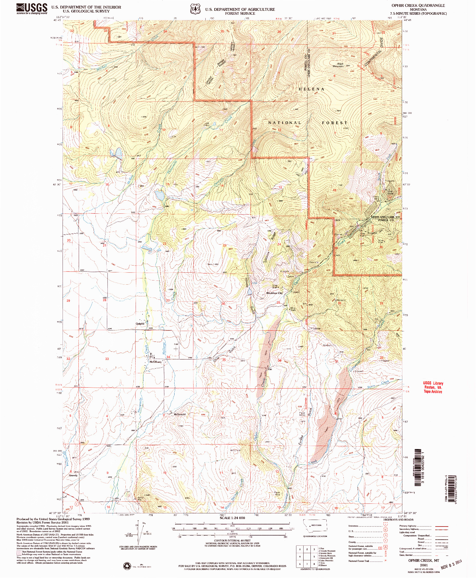 USGS 1:24000-SCALE QUADRANGLE FOR OPHIR CREEK, MT 2001