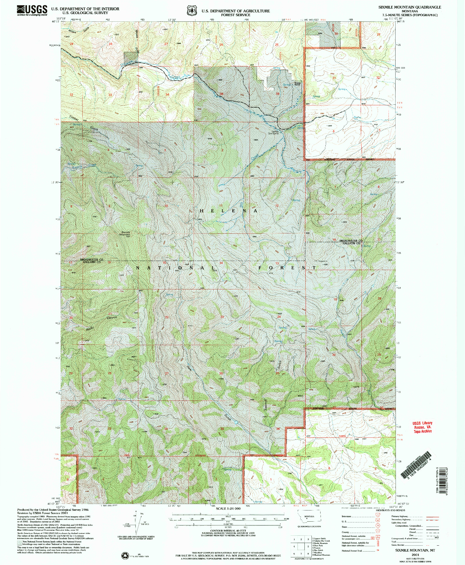USGS 1:24000-SCALE QUADRANGLE FOR SIXMILE MOUNTAIN, MT 2001