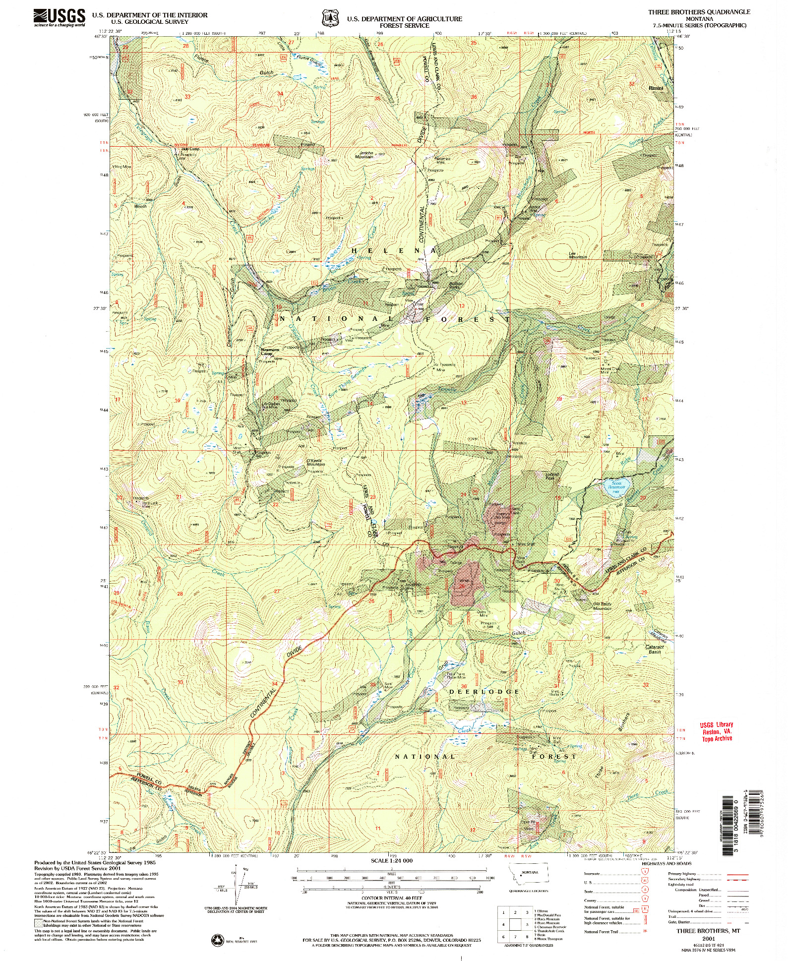 USGS 1:24000-SCALE QUADRANGLE FOR THREE BROTHERS, MT 2001