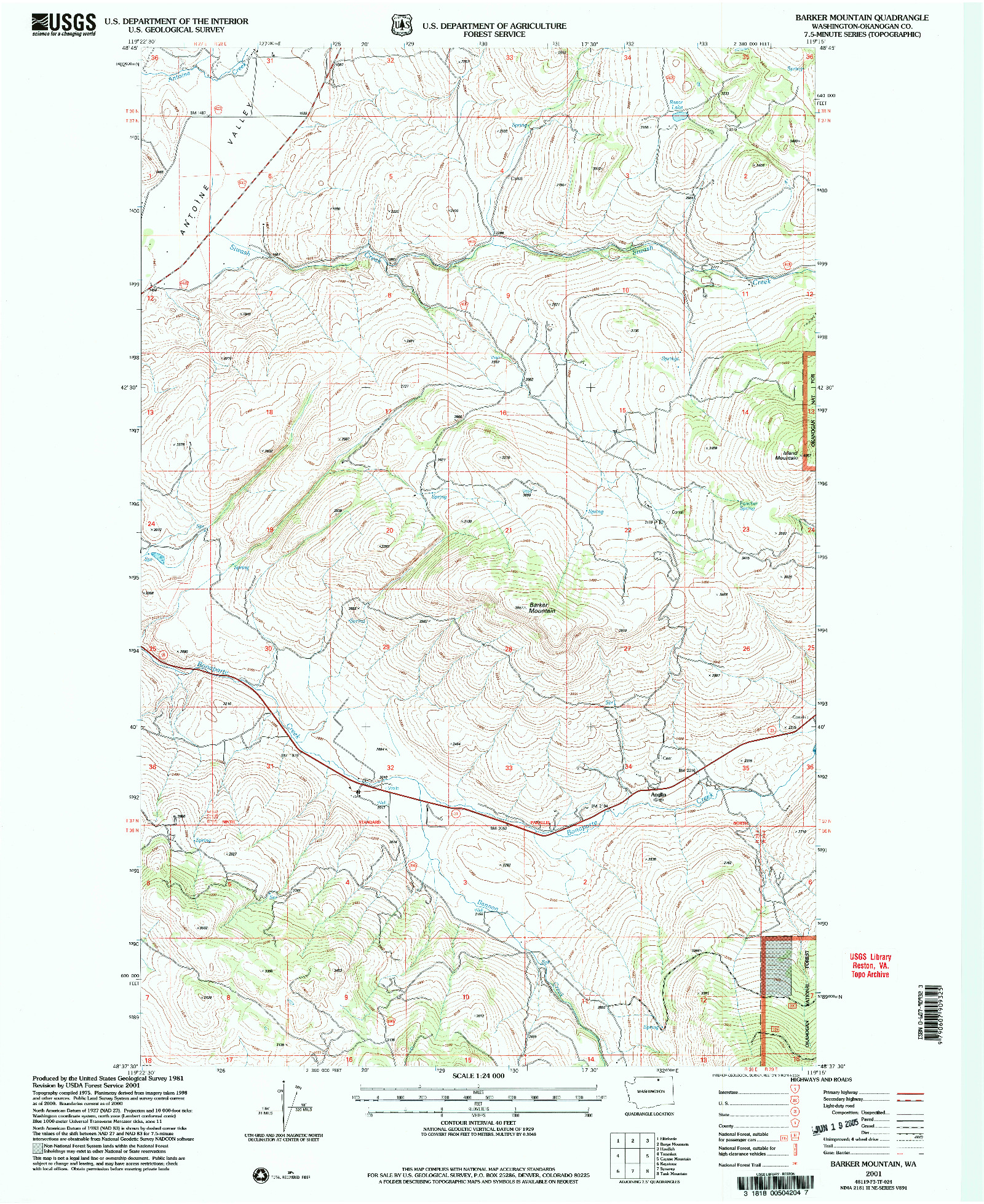 USGS 1:24000-SCALE QUADRANGLE FOR BARKER MOUNTAIN, WA 2001