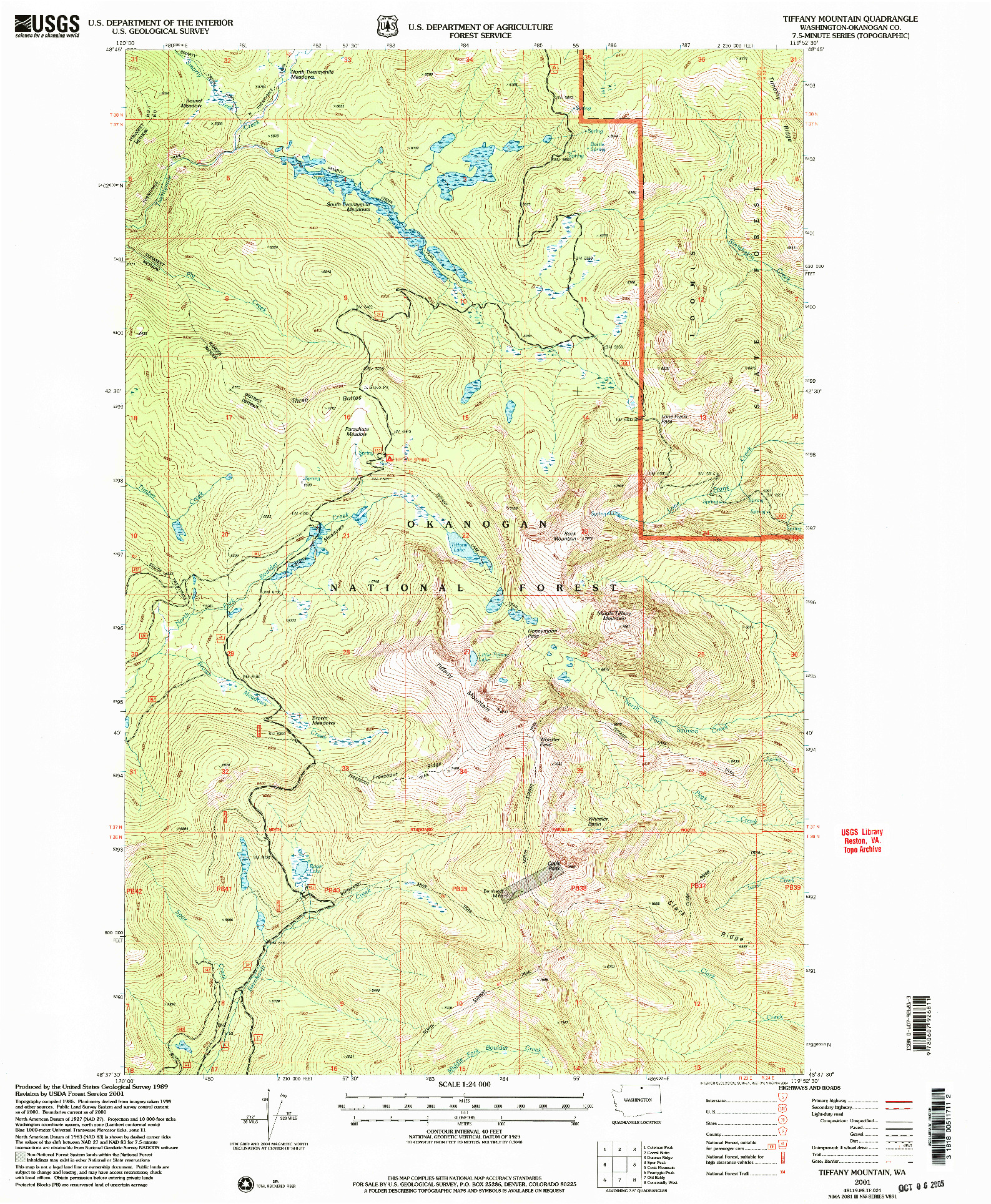 USGS 1:24000-SCALE QUADRANGLE FOR TIFFANY MOUNTAIN, WA 2001