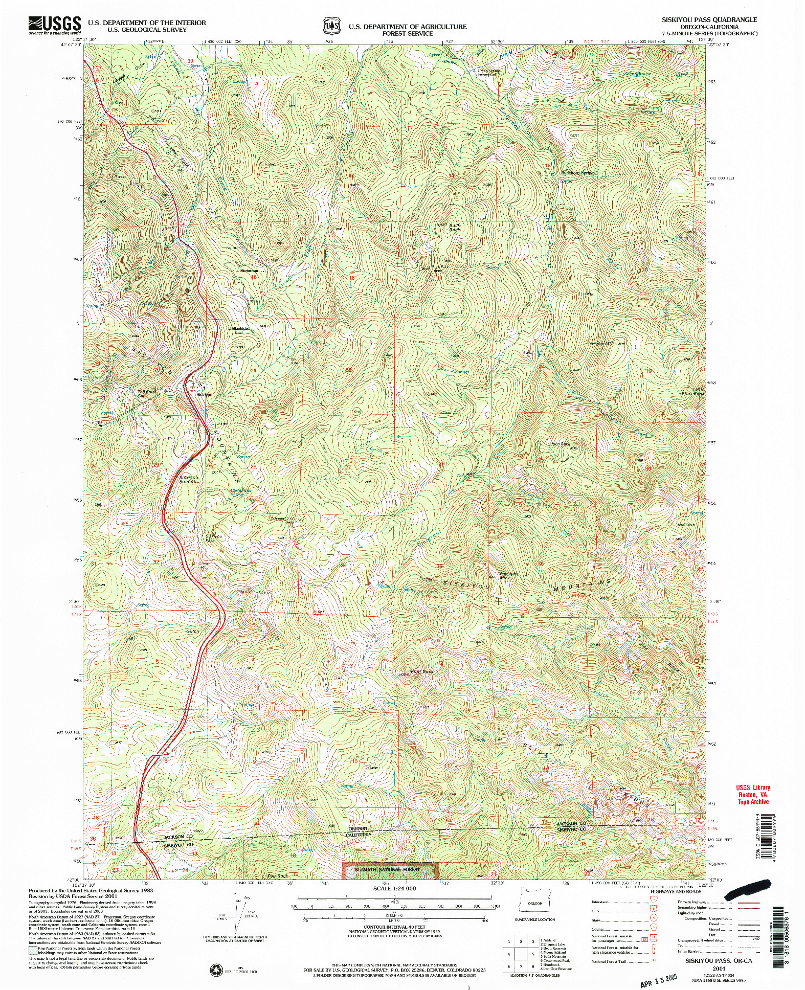 USGS 1:24000-SCALE QUADRANGLE FOR SISKIYOU PASS, OR 2001