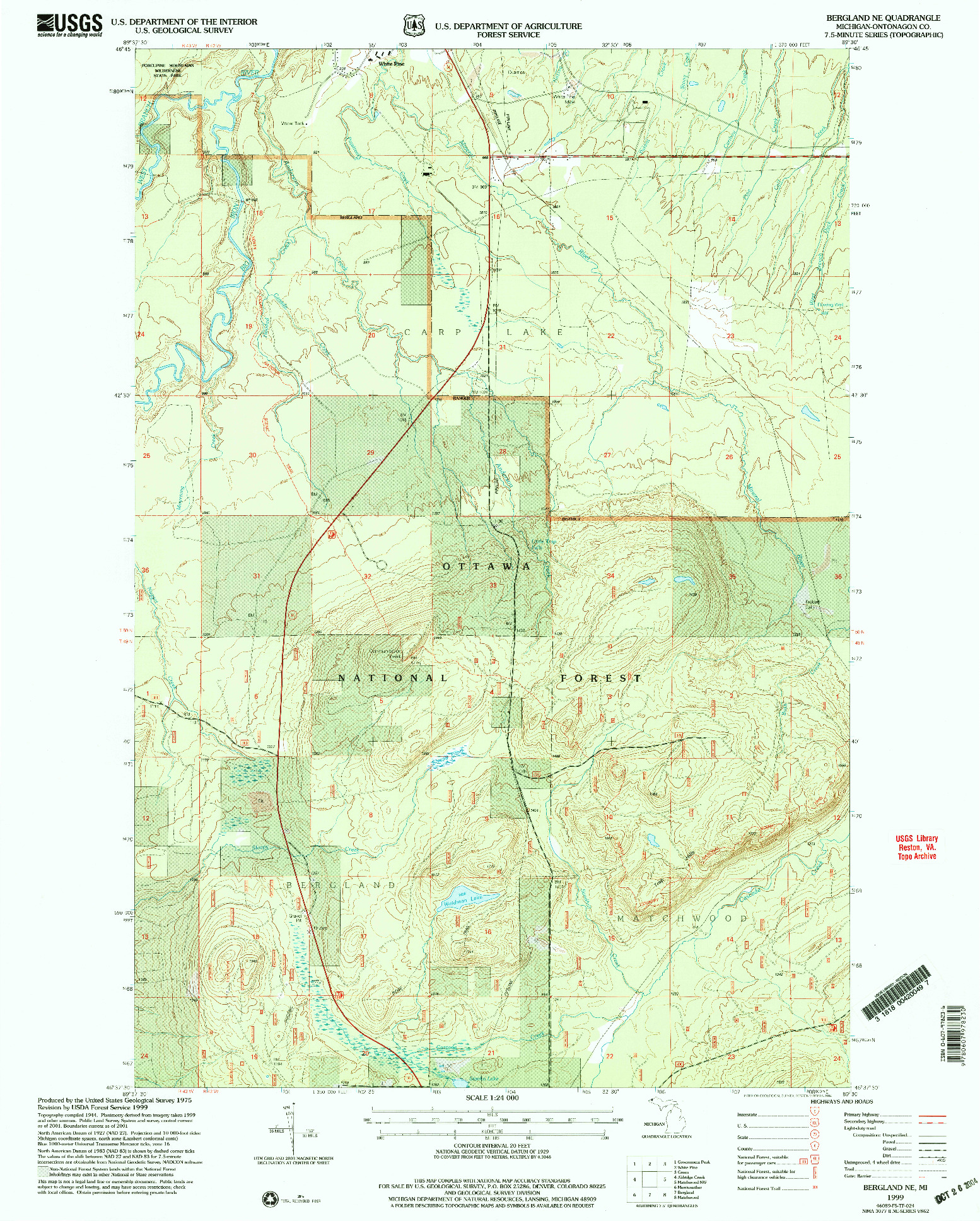 USGS 1:24000-SCALE QUADRANGLE FOR BERGLAND NE, MI 1999