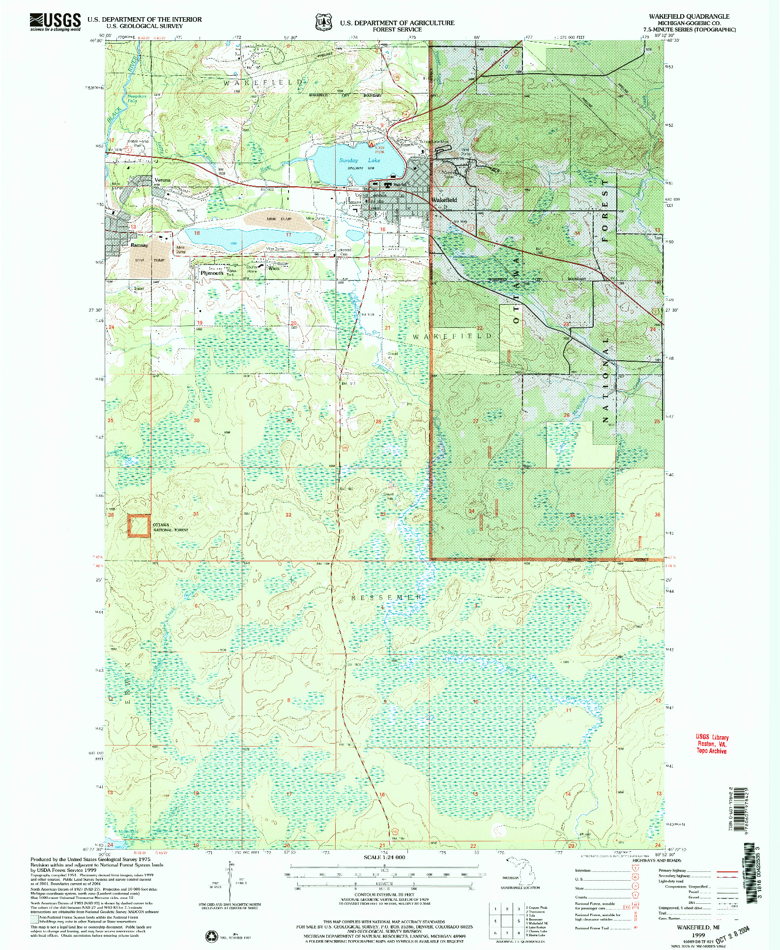 USGS 1:24000-SCALE QUADRANGLE FOR WAKEFIELD, MI 1999