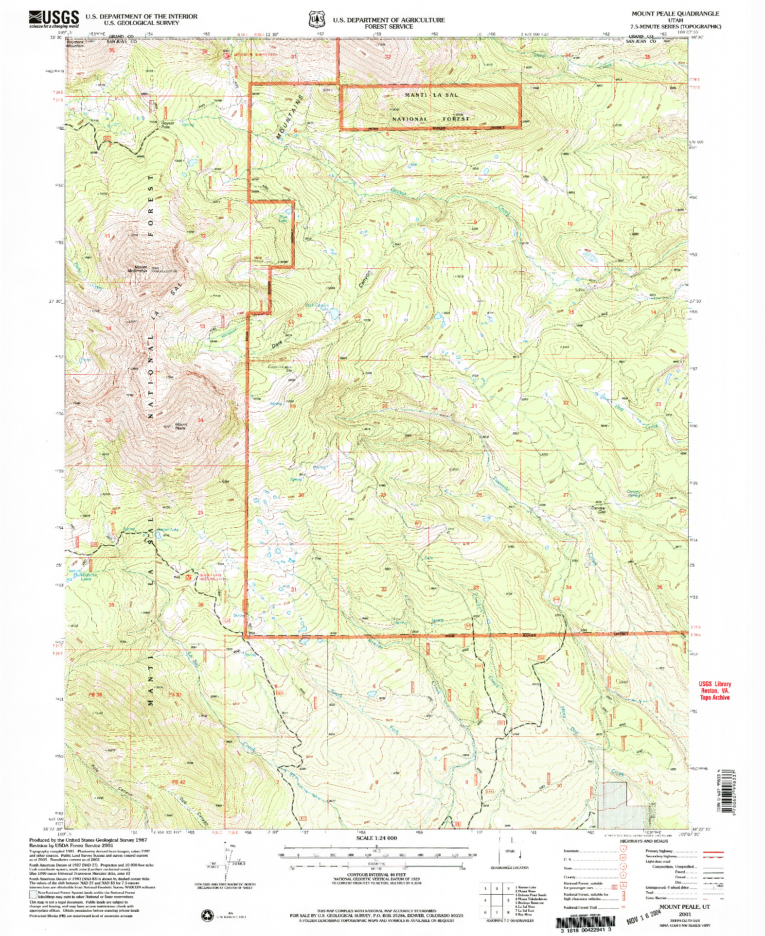 USGS 1:24000-SCALE QUADRANGLE FOR MOUNT PEALE, UT 2001