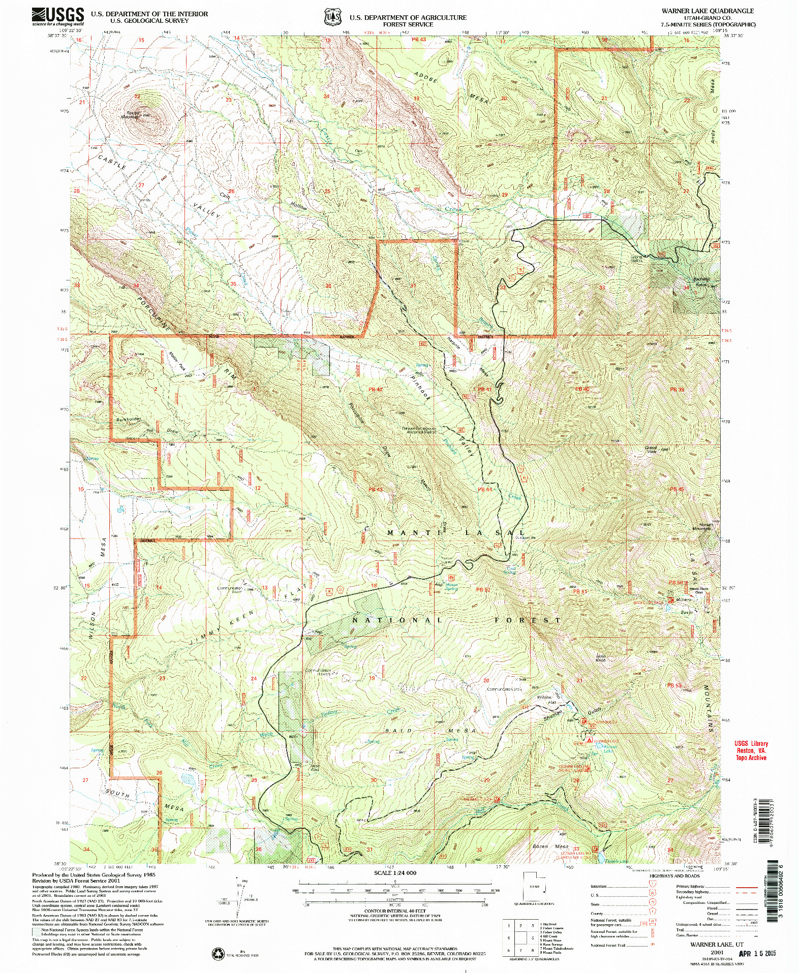 USGS 1:24000-SCALE QUADRANGLE FOR WARNER LAKE, UT 2001