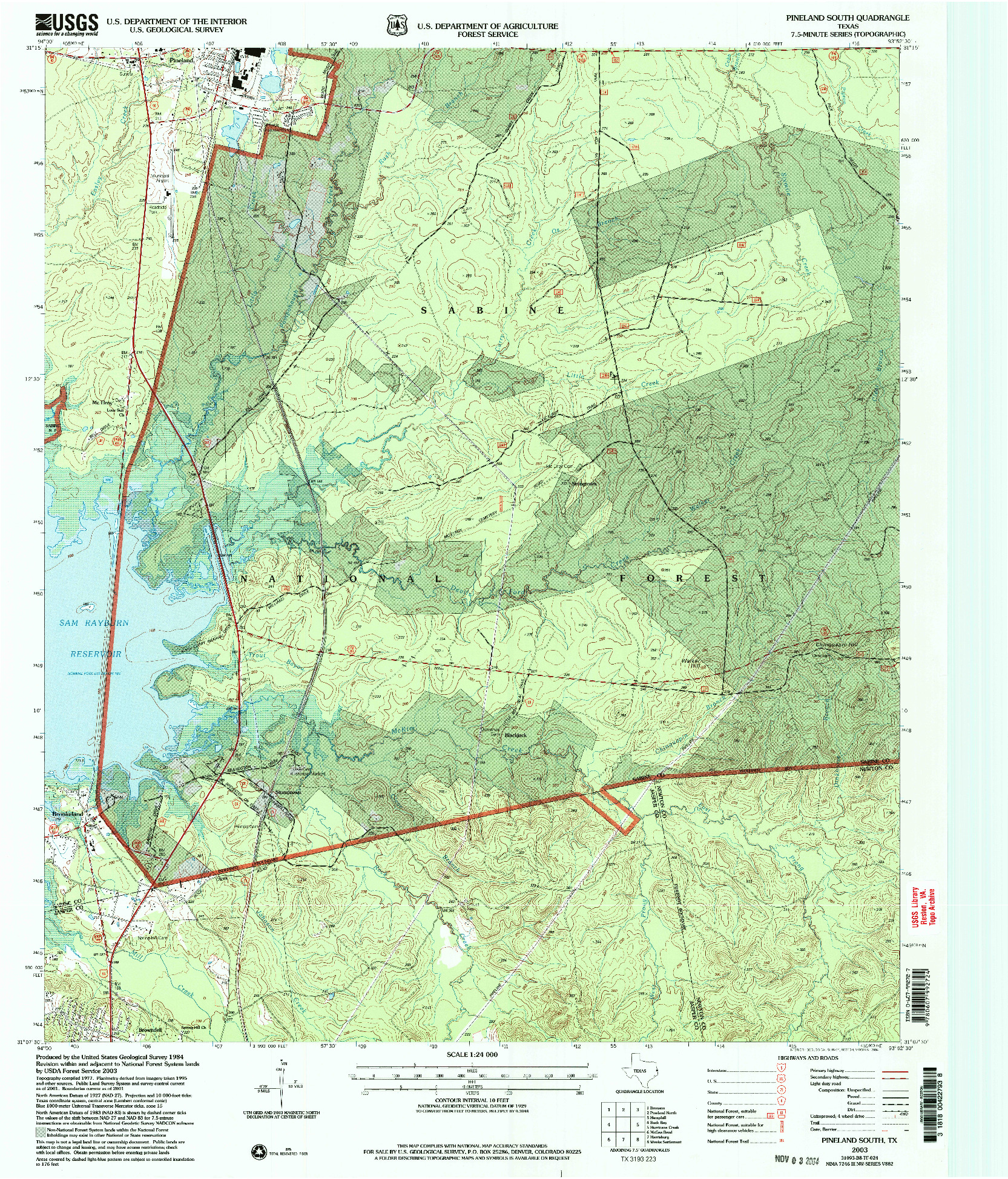 USGS 1:24000-SCALE QUADRANGLE FOR PINELAND SOUTH, TX 2003