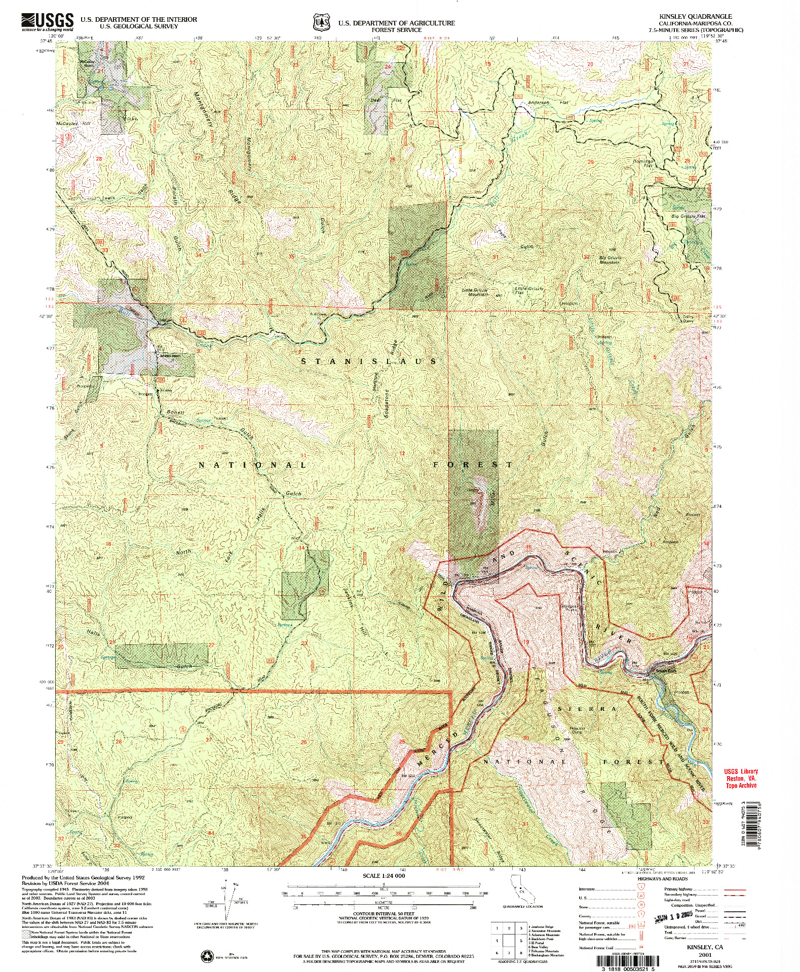 USGS 1:24000-SCALE QUADRANGLE FOR KINSLEY, CA 2001