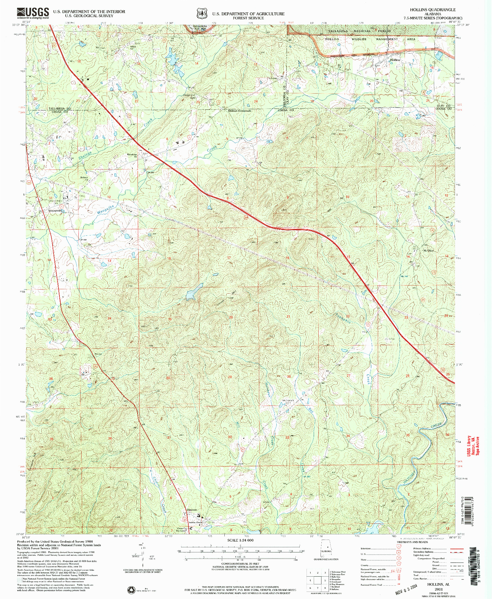 USGS 1:24000-SCALE QUADRANGLE FOR HOLLINS, AL 2001