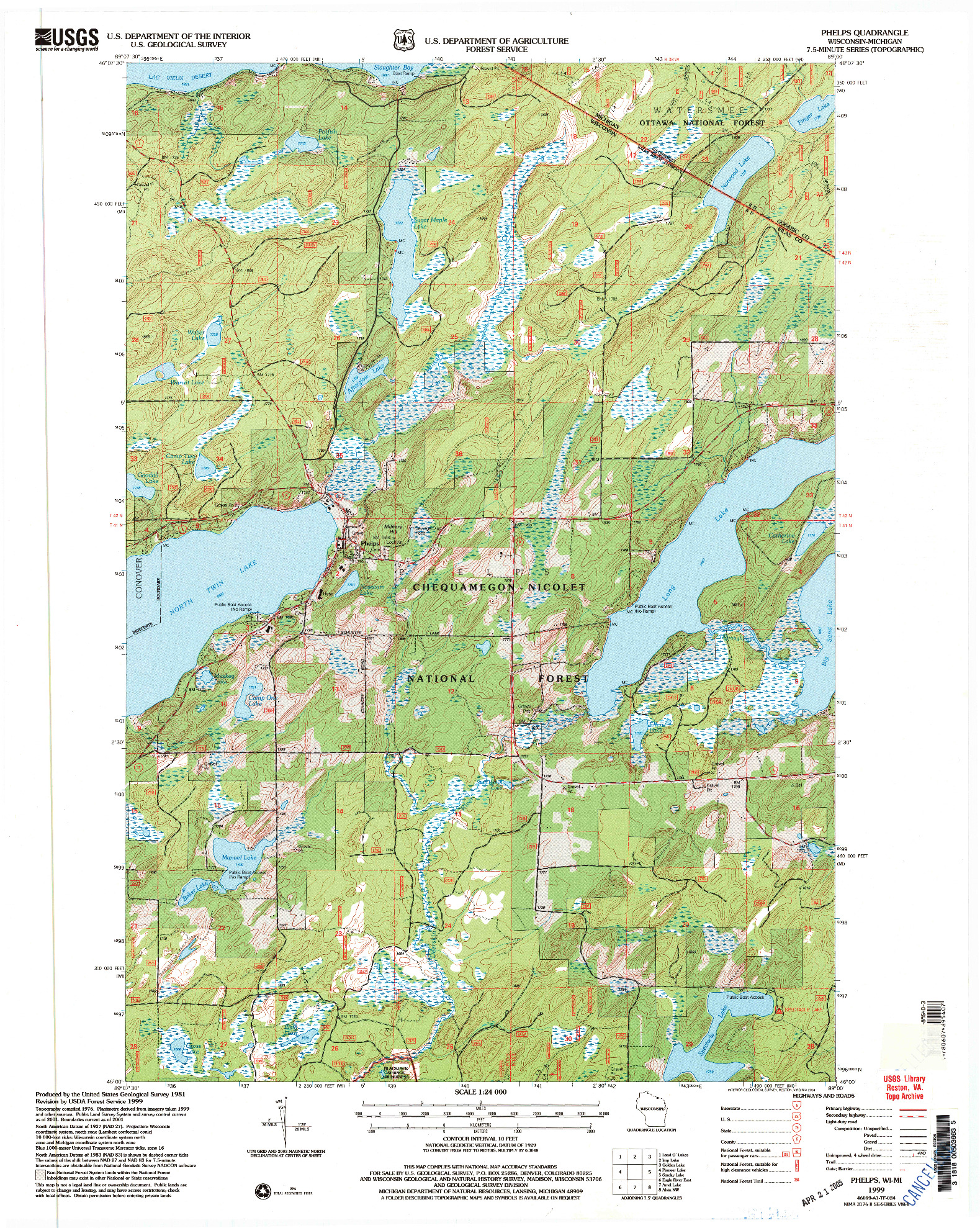 USGS 1:24000-SCALE QUADRANGLE FOR PHELPS, WI 1999