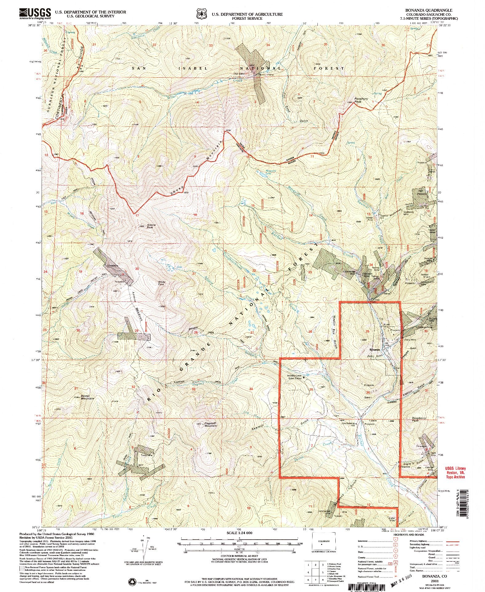 USGS 1:24000-SCALE QUADRANGLE FOR BONANZA, CO 2001