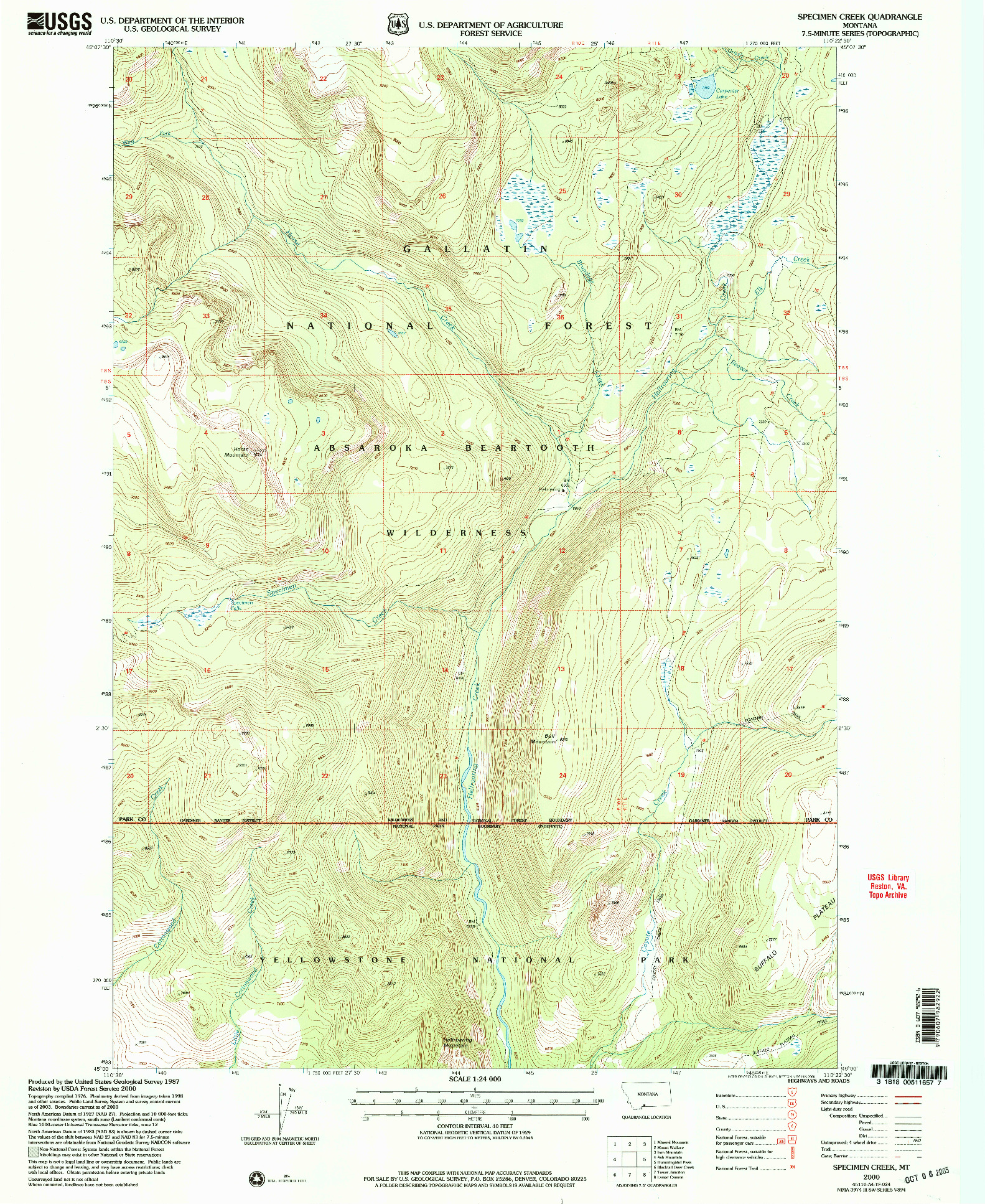 USGS 1:24000-SCALE QUADRANGLE FOR SPECIMEN CREEK, MT 2000