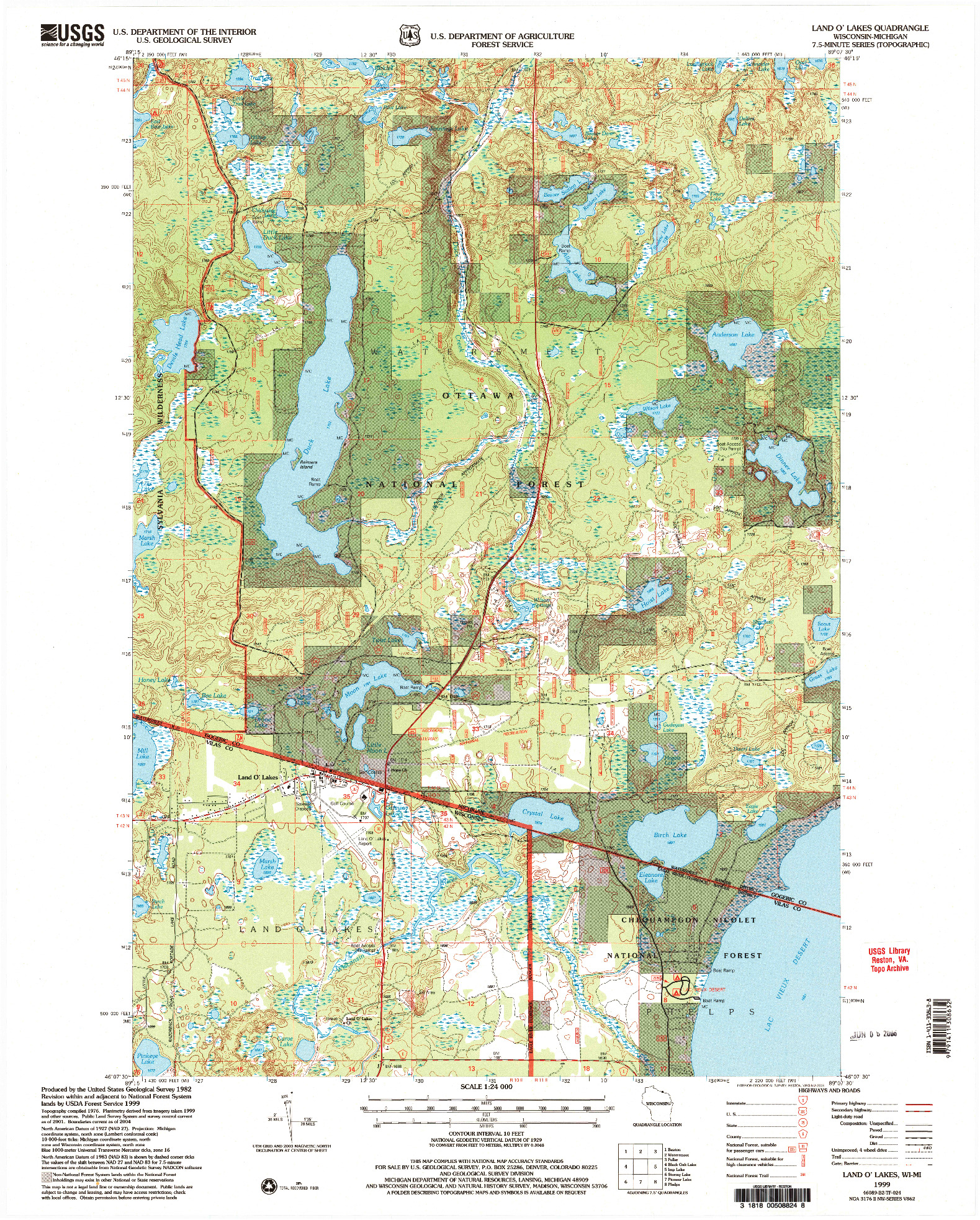 USGS 1:24000-SCALE QUADRANGLE FOR LAND O'LAKES, WI 1999