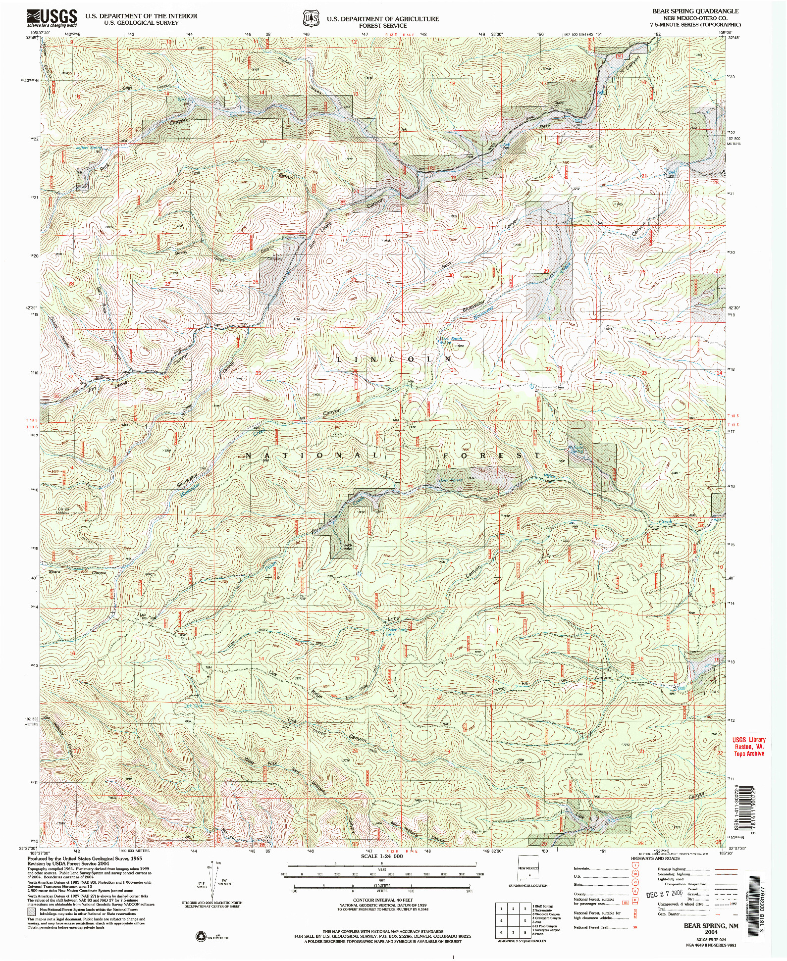 USGS 1:24000-SCALE QUADRANGLE FOR BEAR SPRING, NM 2004