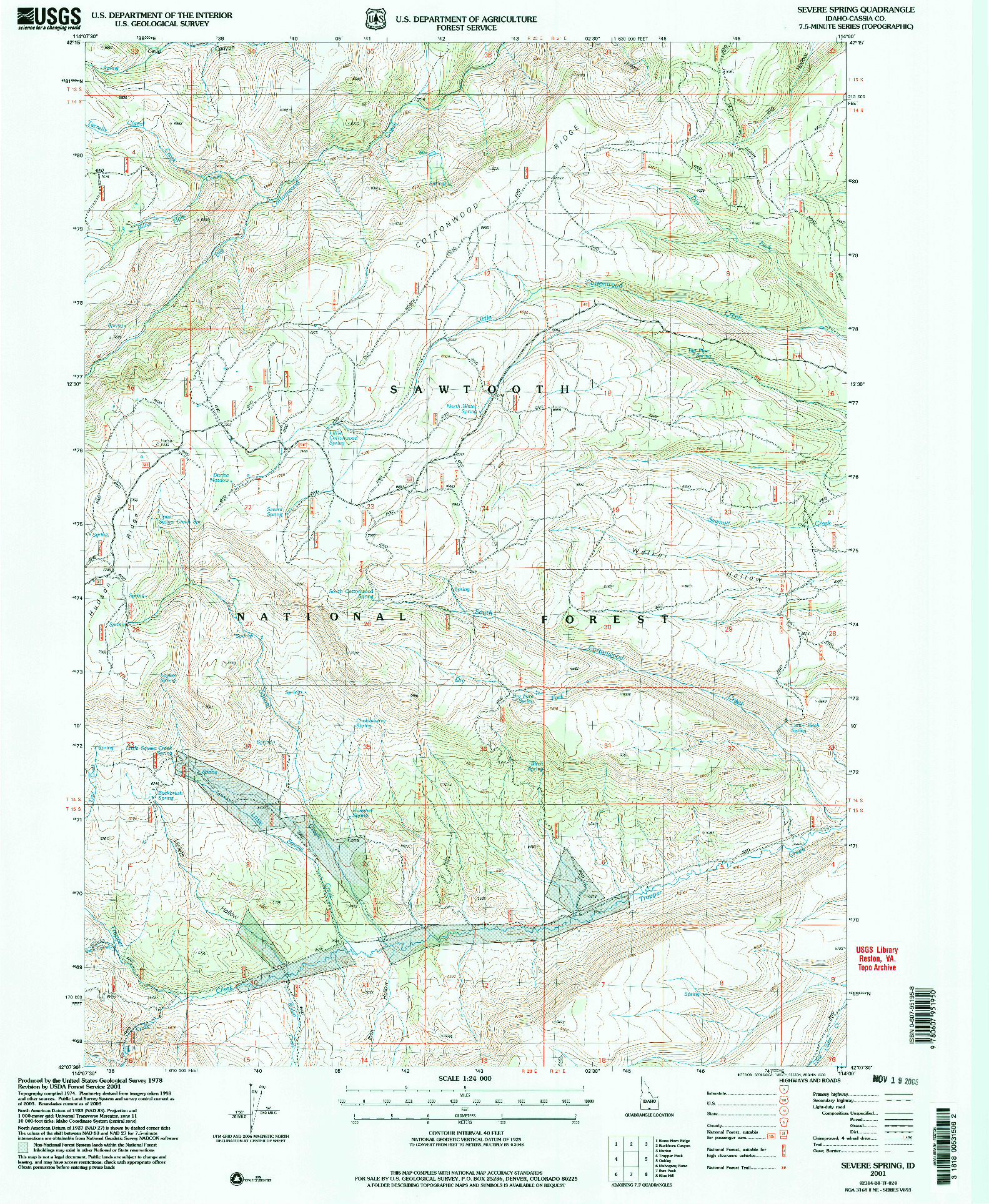 USGS 1:24000-SCALE QUADRANGLE FOR SEVERE SPRING, ID 2001