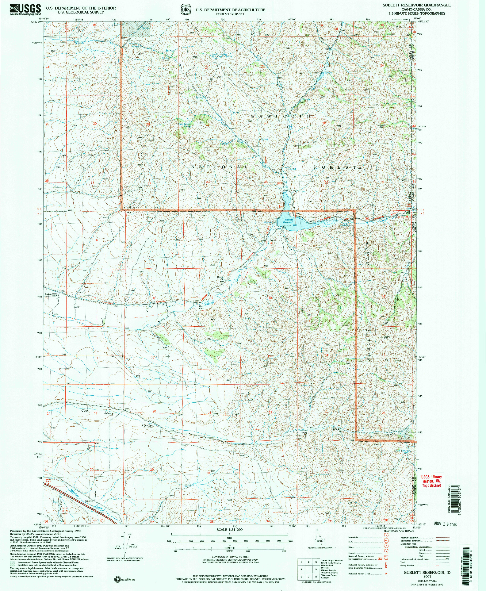 USGS 1:24000-SCALE QUADRANGLE FOR SUBLETT RESERVOIR, ID 2001