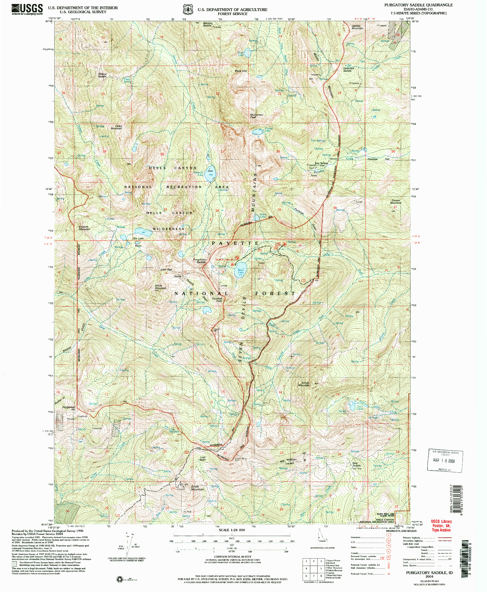 USGS 1:24000-SCALE QUADRANGLE FOR PURGATORY SADDLE, ID 2004