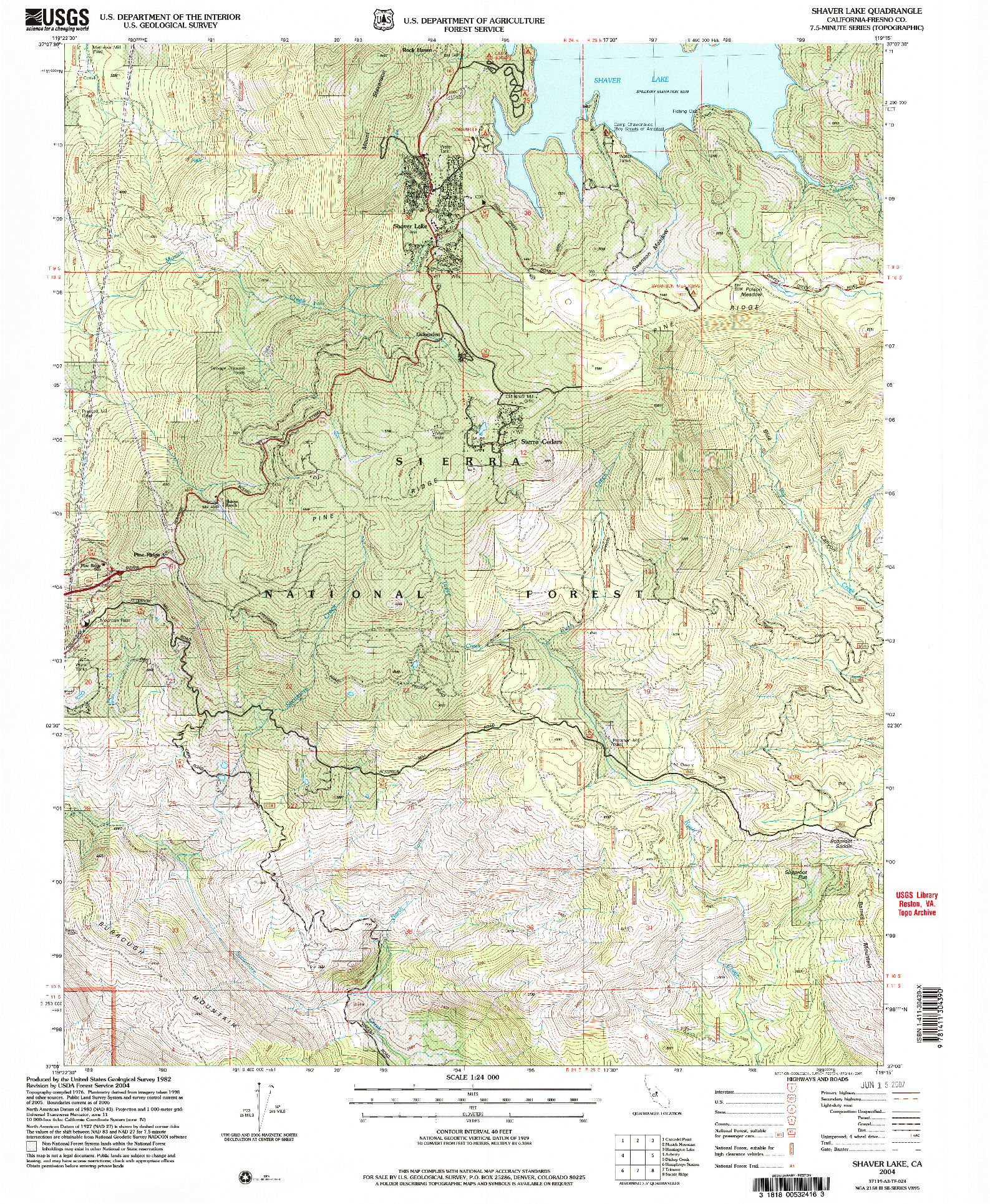 USGS 1:24000-SCALE QUADRANGLE FOR SHAVER LAKE, CA 2004