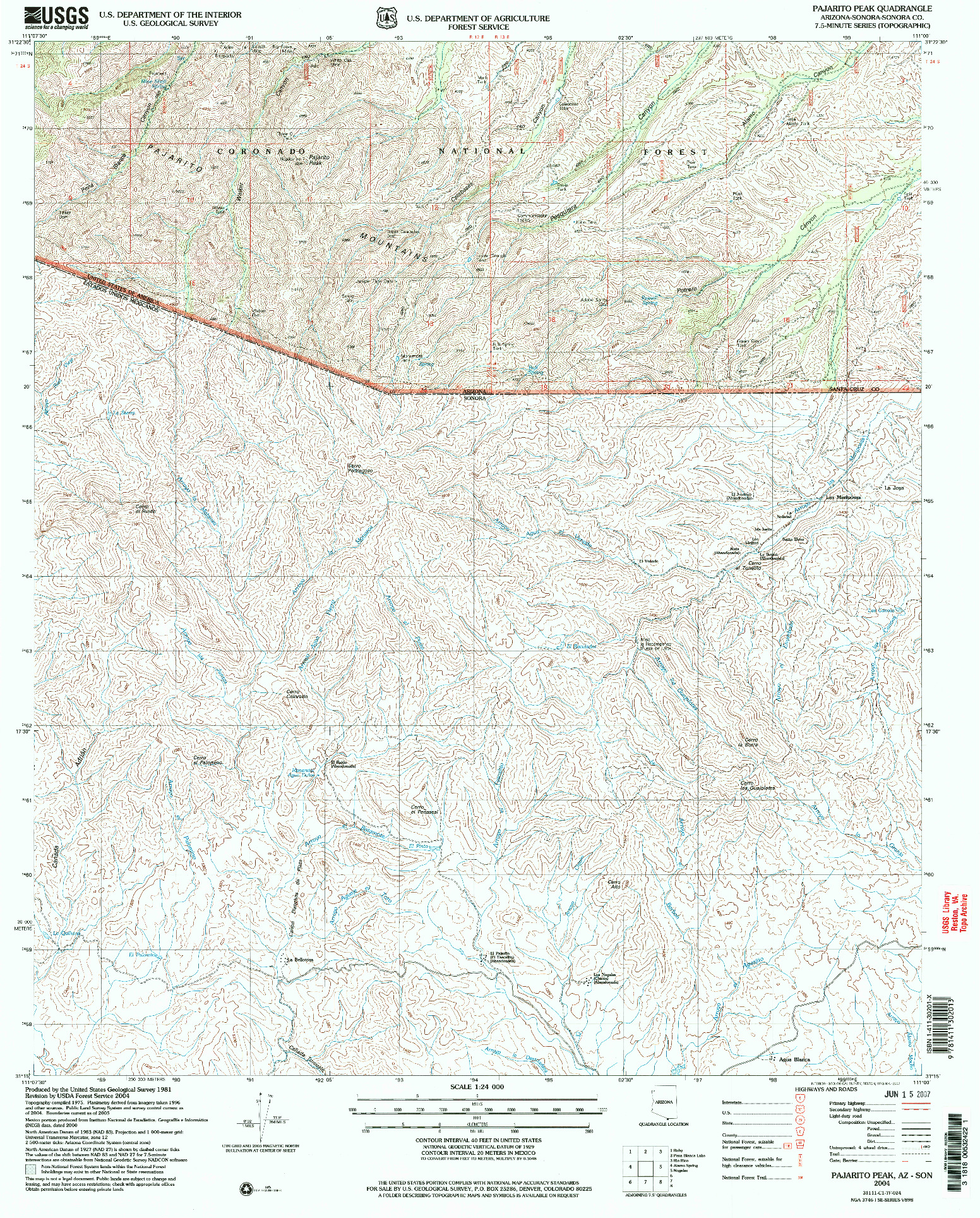 USGS 1:24000-SCALE QUADRANGLE FOR PAJARITO PEAK, AZ 2004