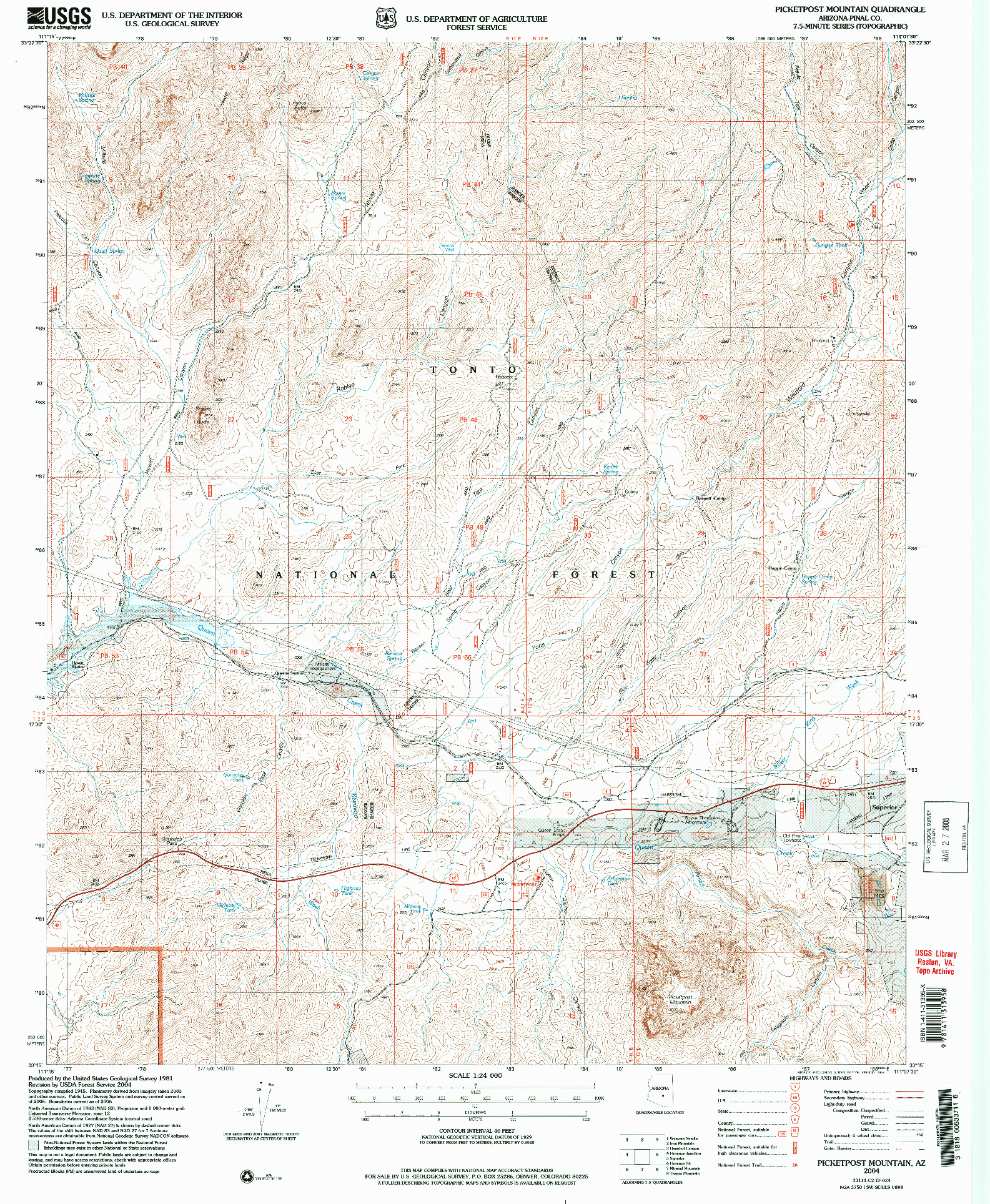 USGS 1:24000-SCALE QUADRANGLE FOR PICKETPOST MOUNTAIN, AZ 2004