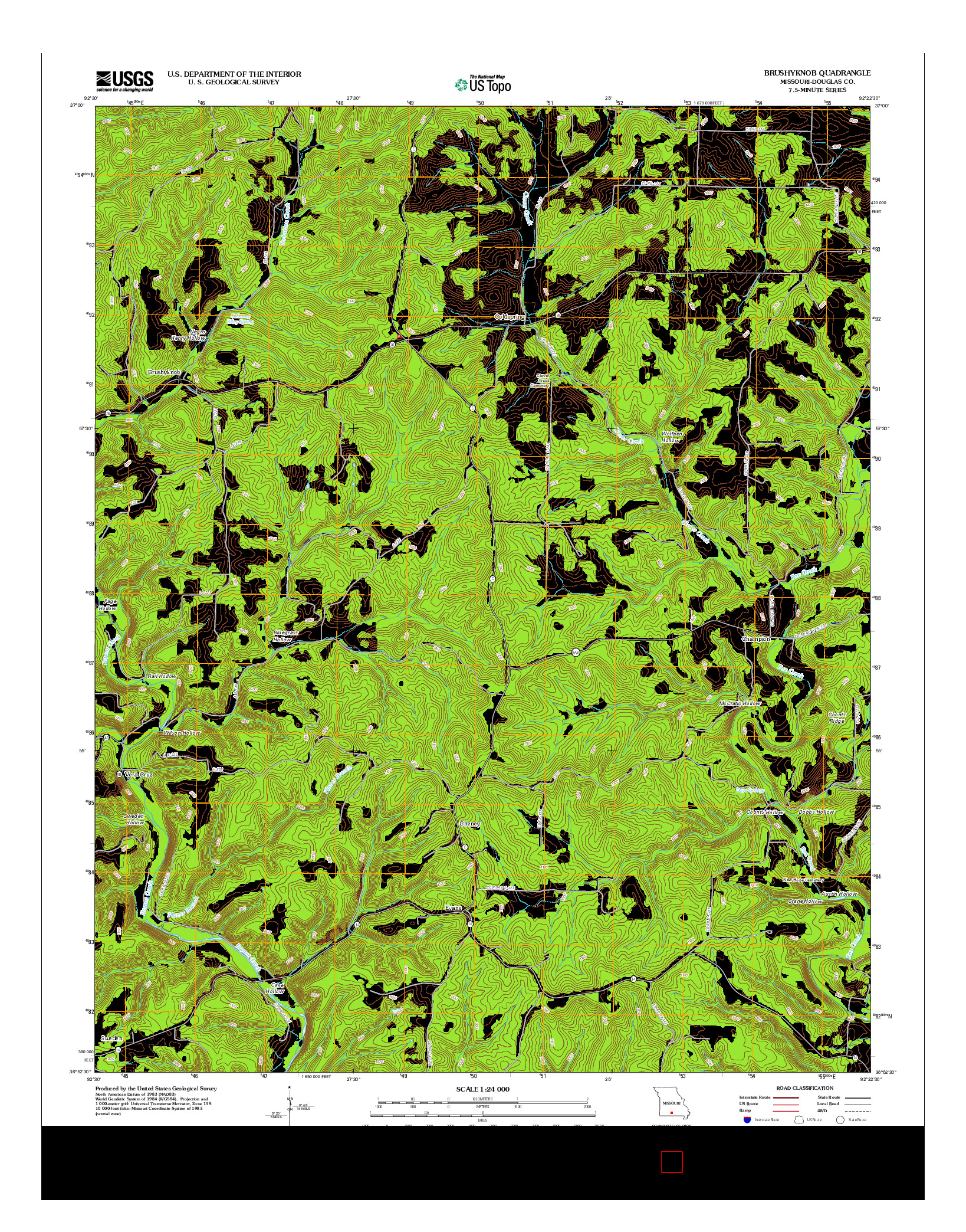 USGS US TOPO 7.5-MINUTE MAP FOR BRUSHYKNOB, MO 2012