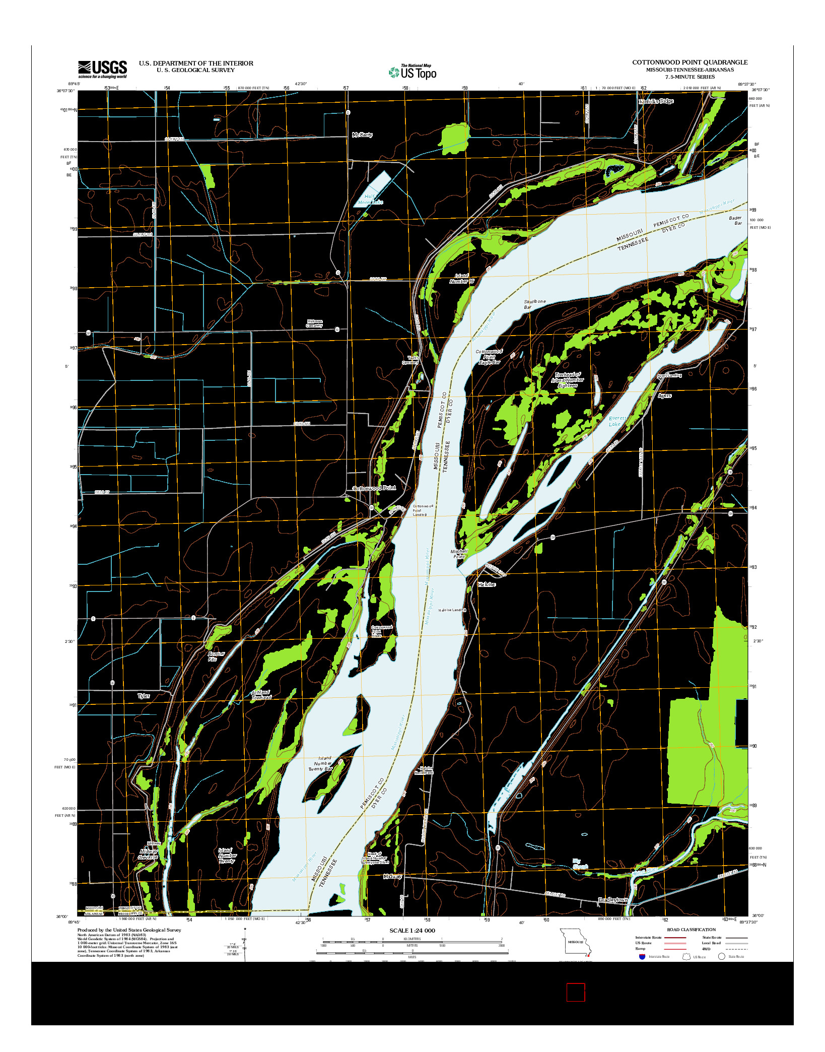 USGS US TOPO 7.5-MINUTE MAP FOR COTTONWOOD POINT, MO-TN-AR 2012