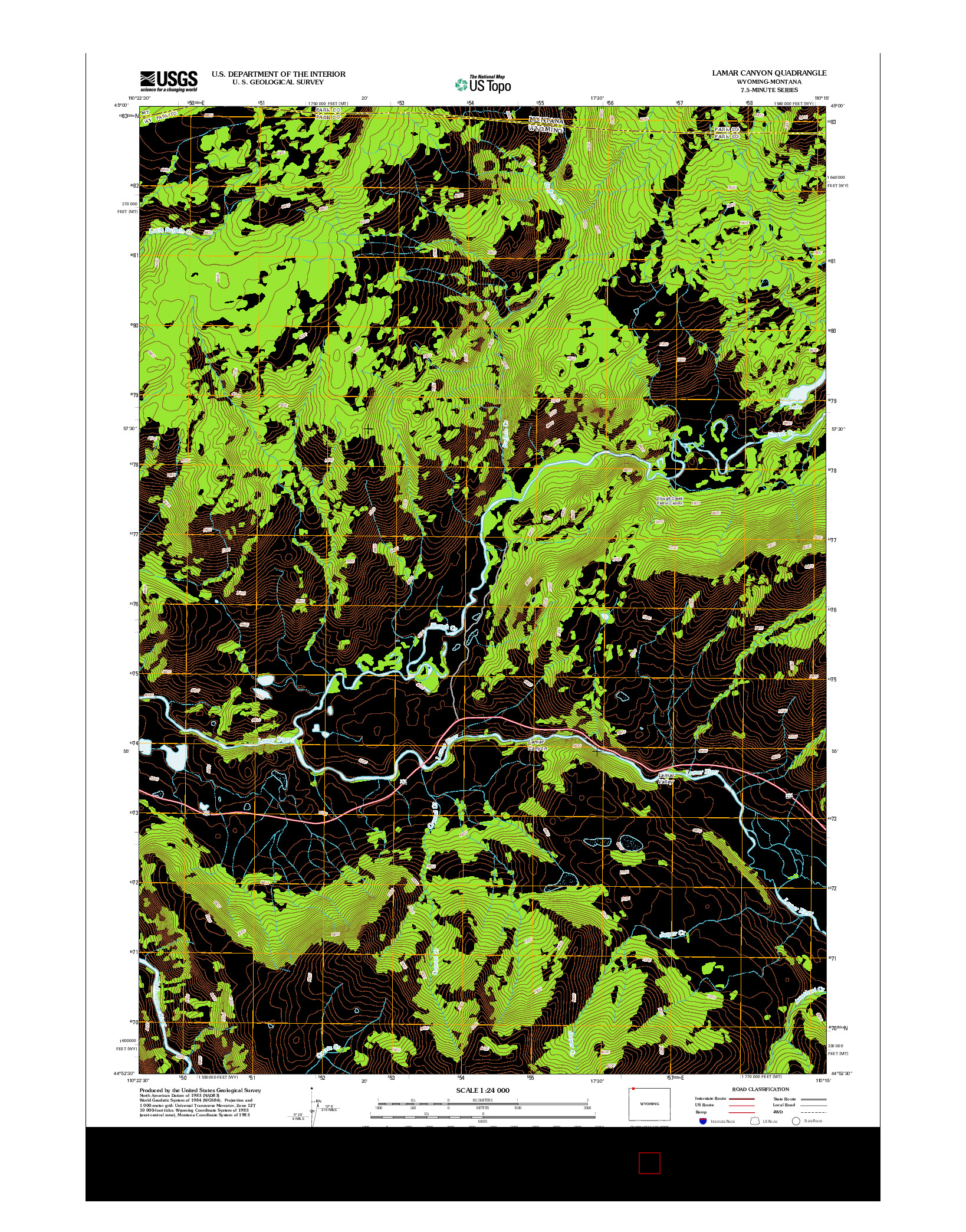 USGS US TOPO 7.5-MINUTE MAP FOR LAMAR CANYON, WY-MT 2012