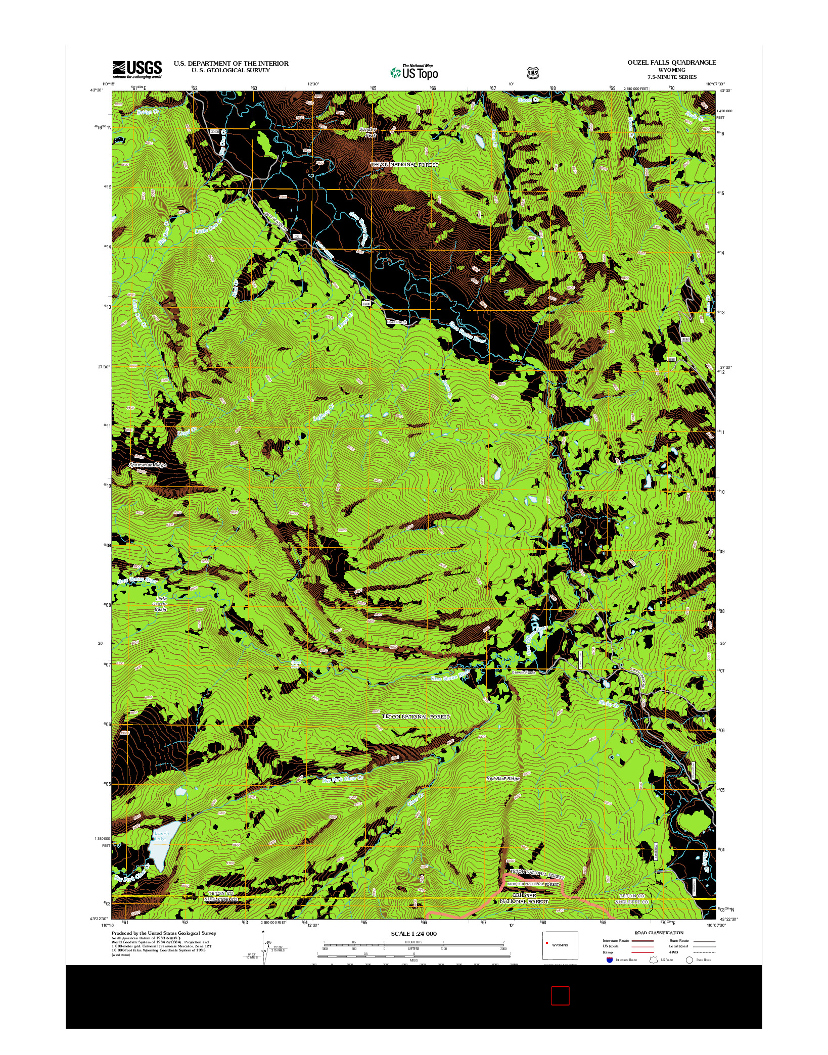 USGS US TOPO 7.5-MINUTE MAP FOR OUZEL FALLS, WY 2012