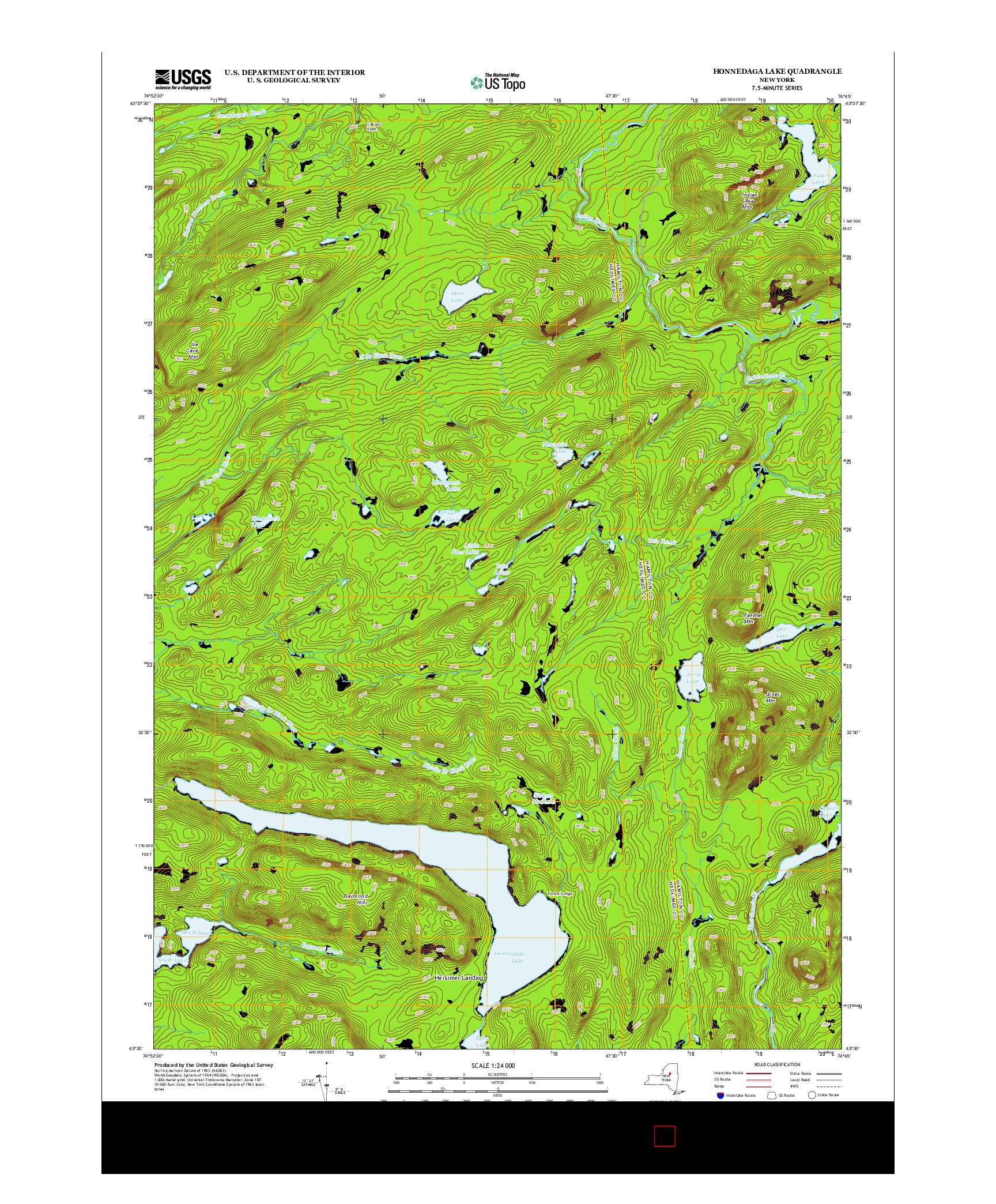 USGS US TOPO 7.5-MINUTE MAP FOR HONNEDAGA LAKE, NY 2013