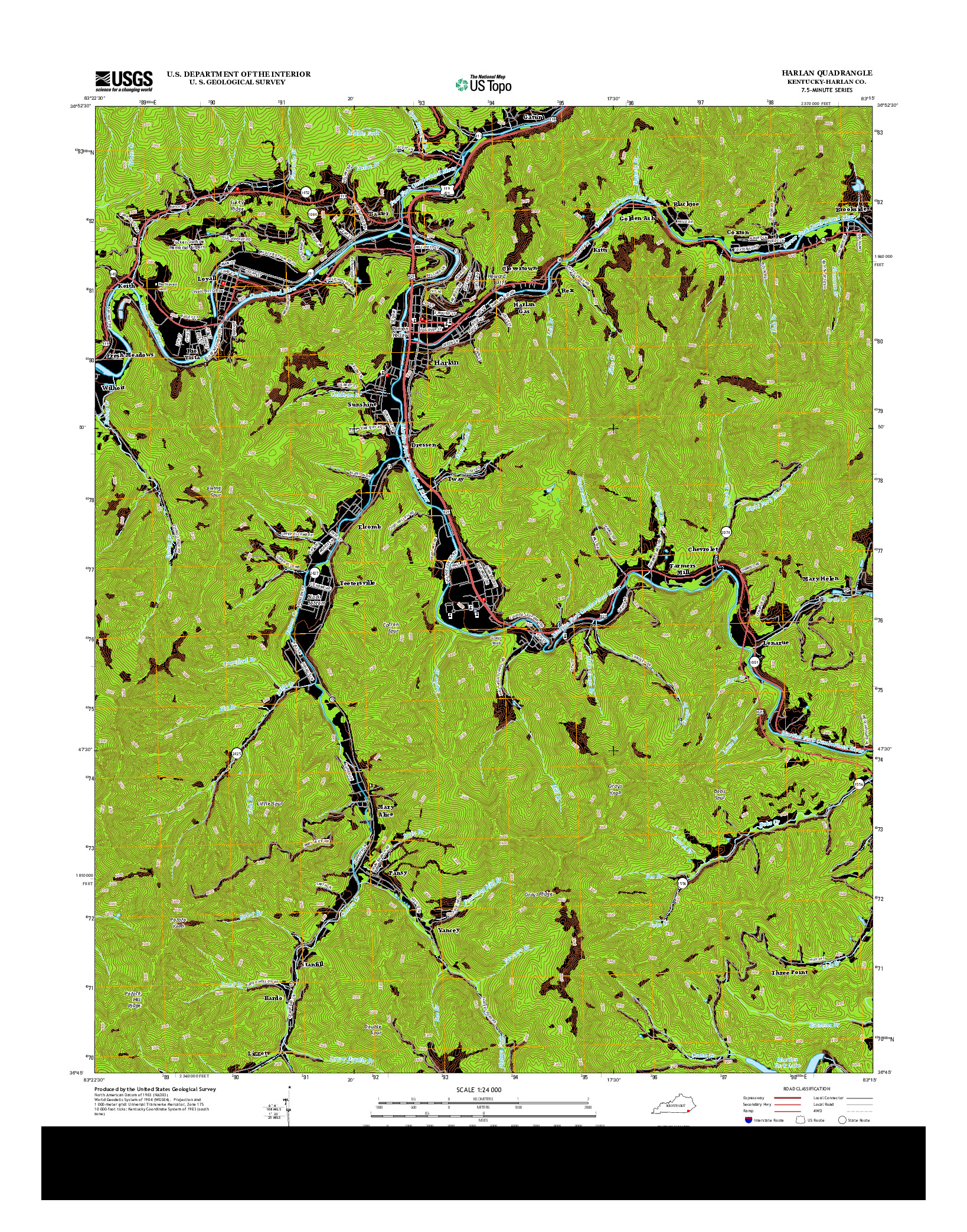 USGS US TOPO 7.5-MINUTE MAP FOR HARLAN, KY 2013