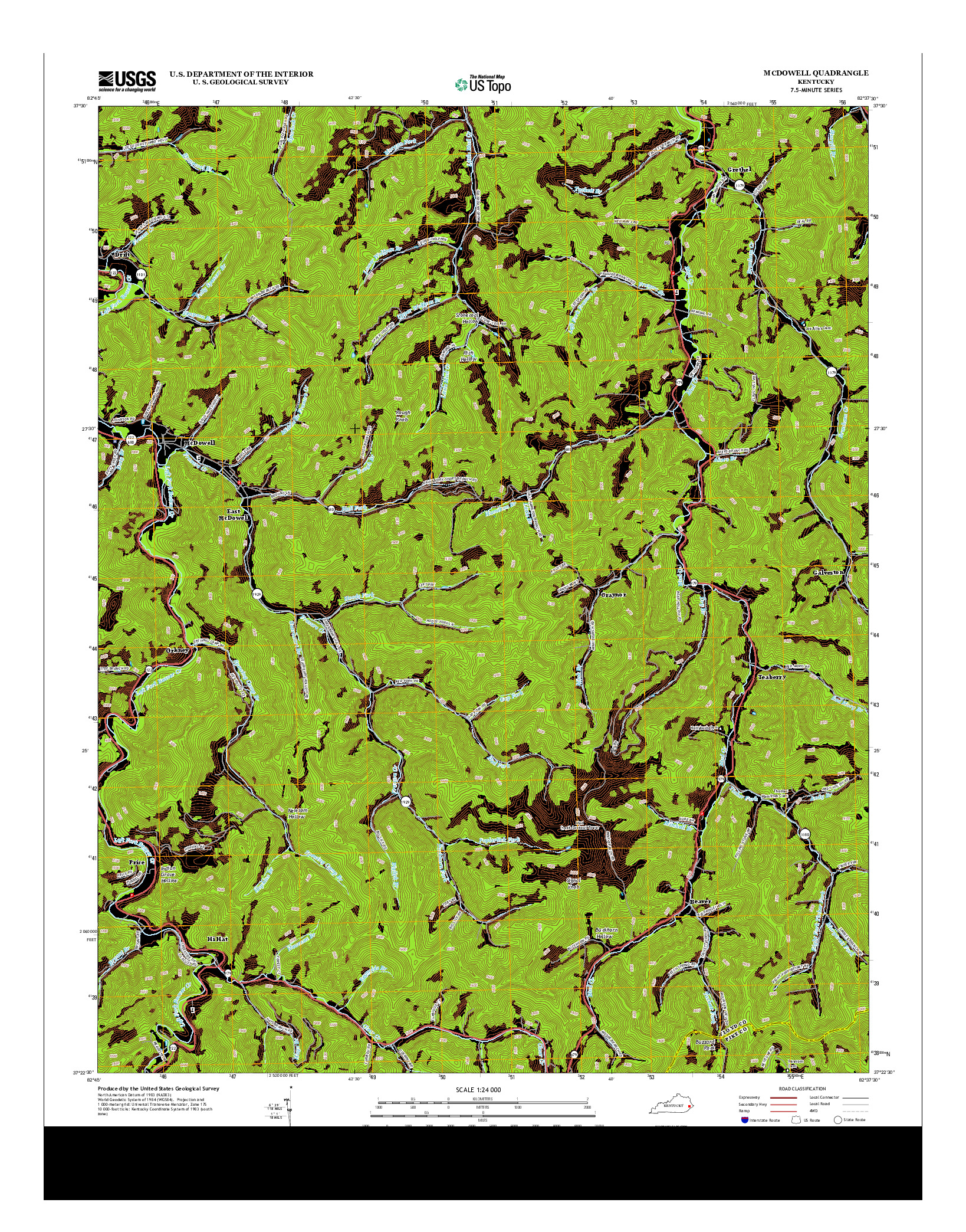 USGS US TOPO 7.5-MINUTE MAP FOR MCDOWELL, KY 2013