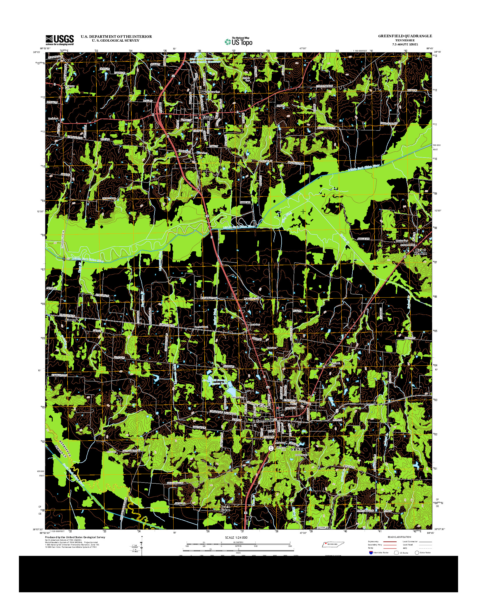 USGS US TOPO 7.5-MINUTE MAP FOR GREENFIELD, TN 2013